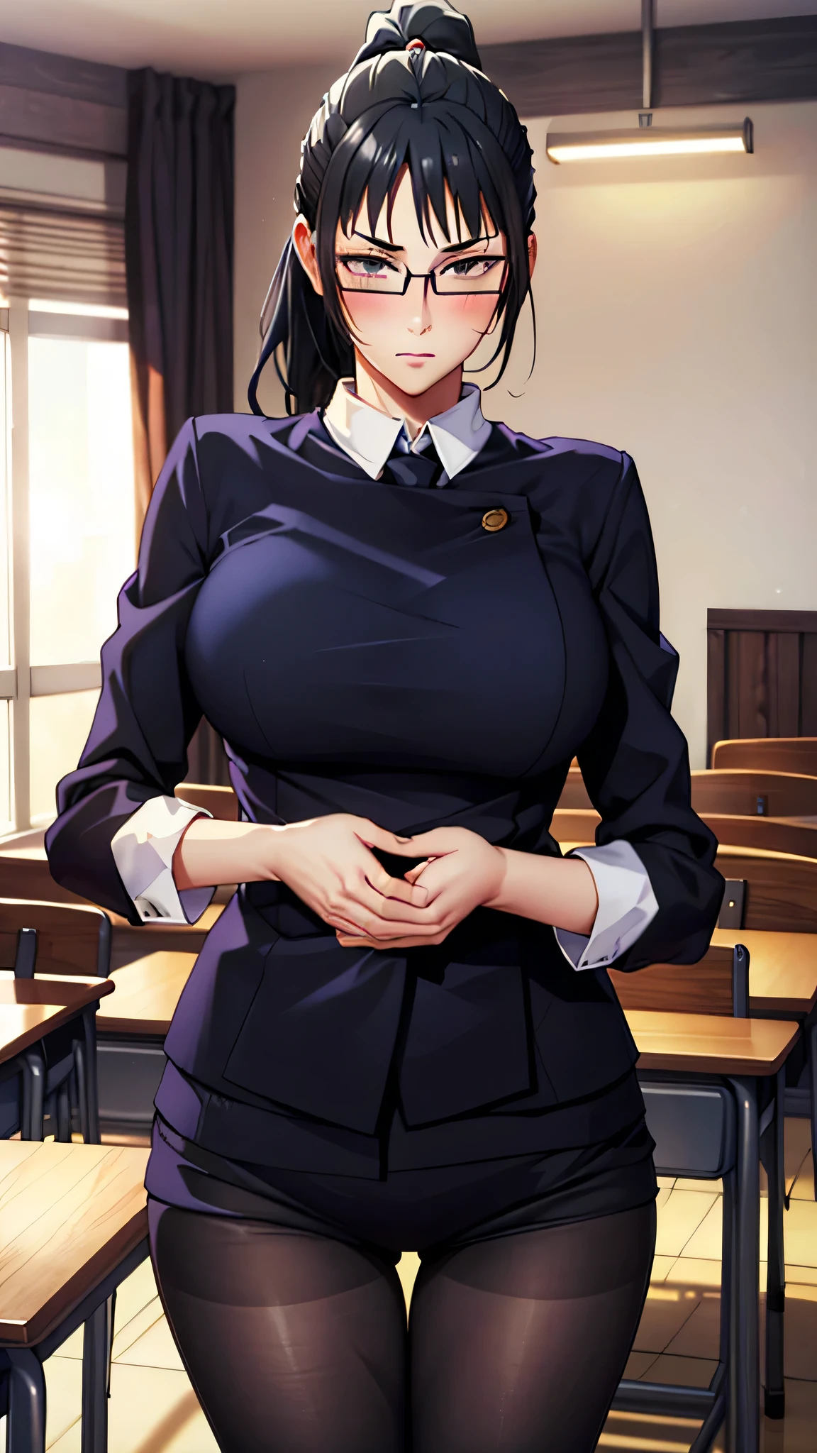 ((Glasses)),One Woman, Long Hair, (Black Hair:1.5),(Black Pantyhose), Sharp eyes, ponytail, shirt, Jacket, White shirt, suit, indoor, classroom, flight, View your viewers, (masterpiece:1.2), Highest quality, High resolution, unity 8k wallpaper, (shape:0.8), (Beautiful details:1.6), (Provocative eyes), Highly detailed face, Perfect lighting, Extremely detailed CG, (Perfect hands, Perfect Anatomy), (Large Breasts:1.5),blush, Small head,(Long legs)
