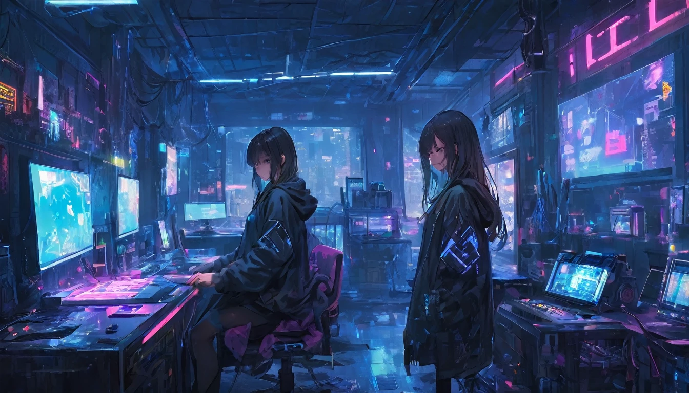 (best quality, masterpiece), 1 Girl, hoodie, long hair, cosmetic, , Cyberpunk style messy room. More neon. Many machines of unknown purpose. Large Windows,A sense of openness. it's sunny outside.