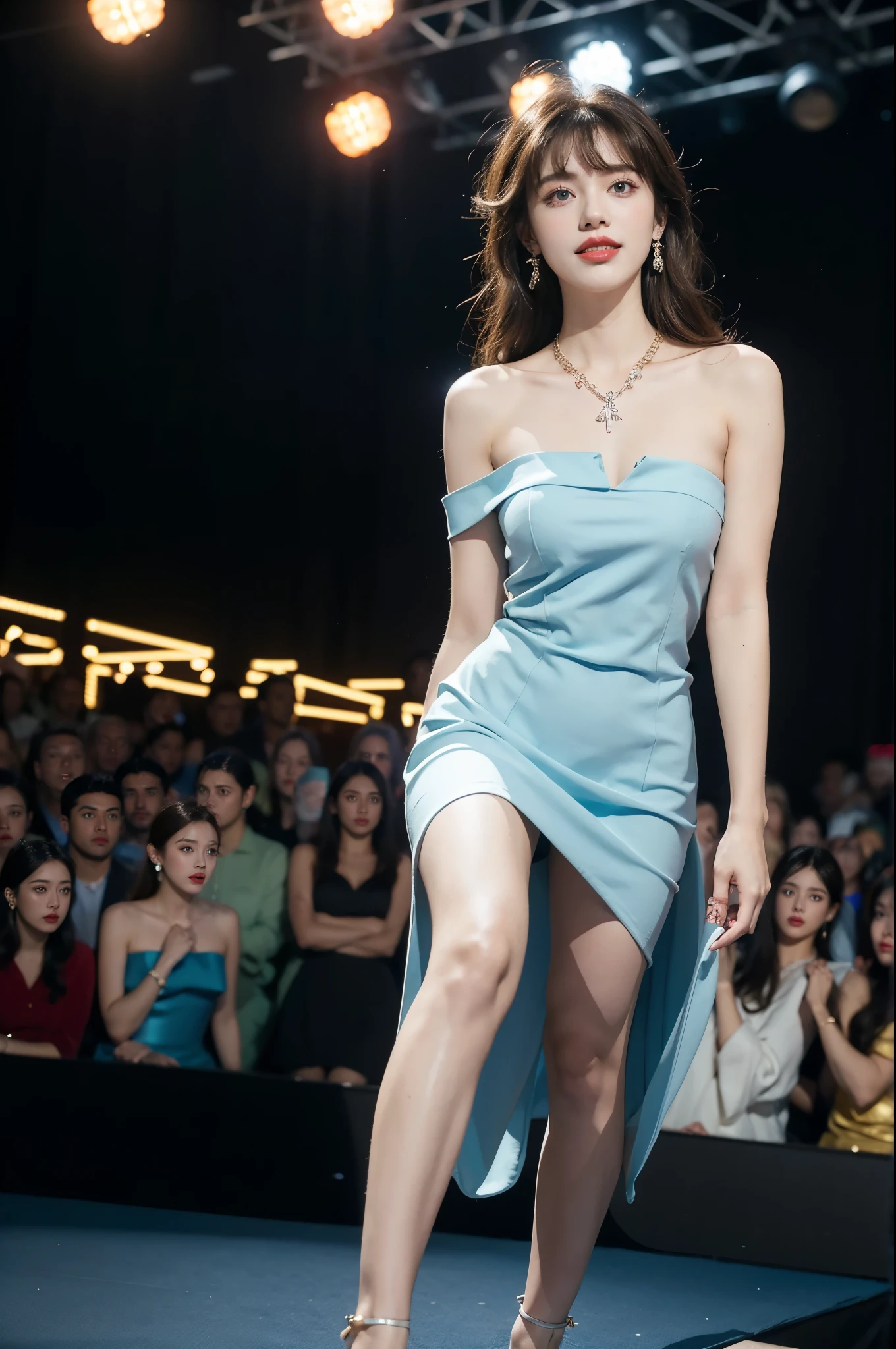 1girl,bangs,bare shoulders,necklace,strapless blue dress,detailed background,detailed eyes,brown hair,earrings,full body,jewelry,slim,flat chest,messy hair,looking at viewer,makeup,night scene,red lips,signature,laughing,solo,standing,slender legs,high heels,On the T-stage,catwalk,fashion show,Surrounded by crowded crowds on both sides of the stage,neon lights