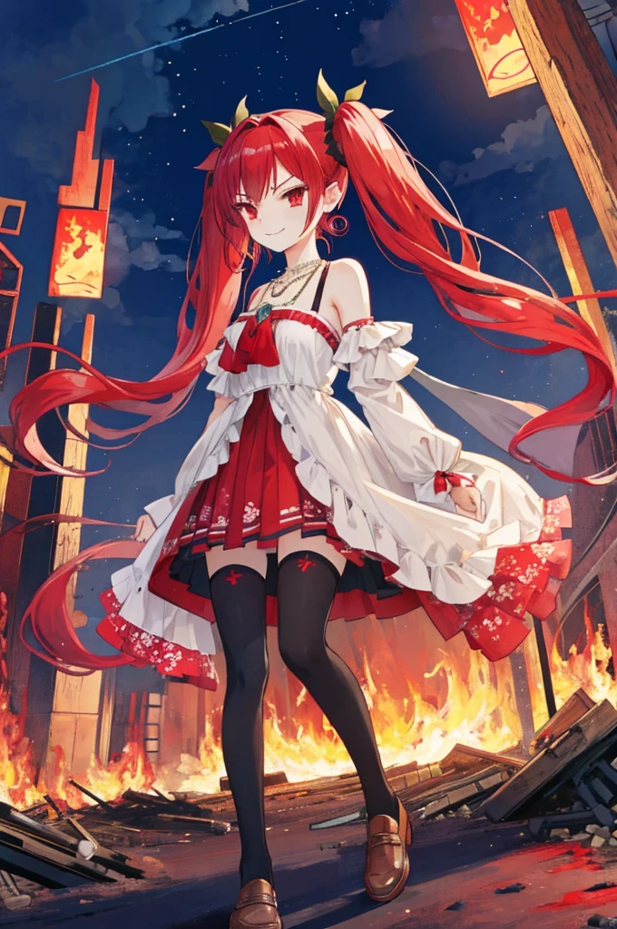 {{Eroge,Game CG,High quality game CG},{{{1girl in}}},{{masutepiece}}, {{{Best Quality}}}, {{Ultra-detailed}}, {{Illustration}},,{{magical }},brooches,,,, {{disheveled hair}},,Big hair, Gradient Hair,Small breasts,,,Drill Hair, {pocket watch},absurdly long hair, Dreadlocks, Red hair, Red hair,Red hair,Gradient Hair,((Evil smile)), v shaped_eyebrows, zettai_ryouiki,,,, floral print and pleated skirt. Add accessories like fringed earrings or a statement necklace.、Complete the look. Gather on the grassland with adventurers,burning city background,((Shoulders and arms are exposed)),(Evil smile),Furious,(Evil smile),(loli girl),i girl),Jeweke red eyes,(Arms Exposed),((high twintails)),twintails, girl,((full body)),angry,burning city,turn around to look at me,slender body,mini skirt,