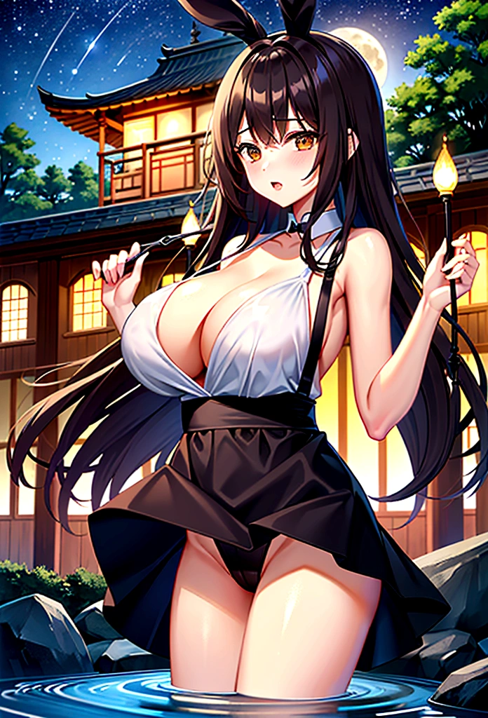 Masterpiece、Highest quality、Bunny ears、Tanned woman with big 、Brown Hair、Long Wavy Hair、White shirt、Black Bra、Black panties、Hot spring inn、a bright moon shines over beautiful scenery of garden and river in night time, moon, architecture, tree, east asian architecture, full moon, scenery, night, cloud, sky、Lots of rabbits around