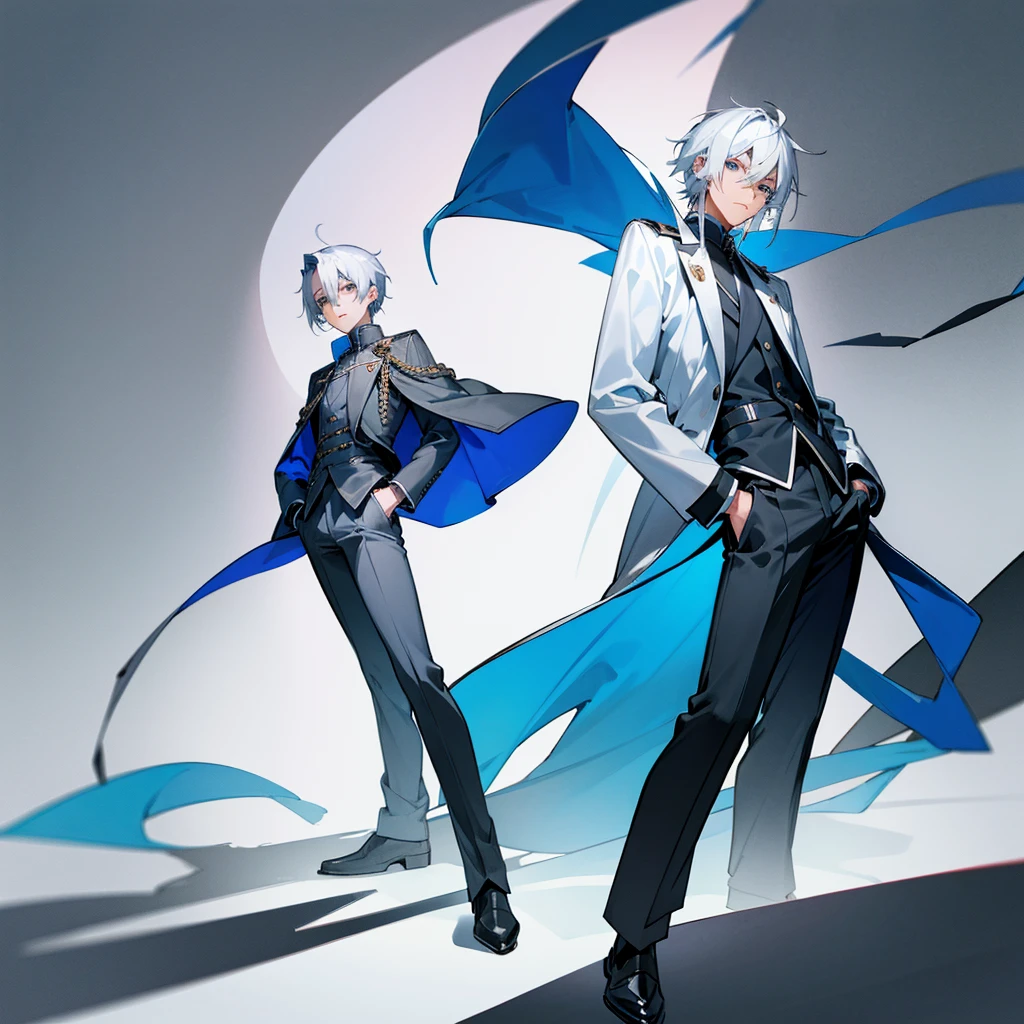 Male, anime style, 2d, young, white hair, dark blue coat, dark grey pants, standing pose, high definition, no background