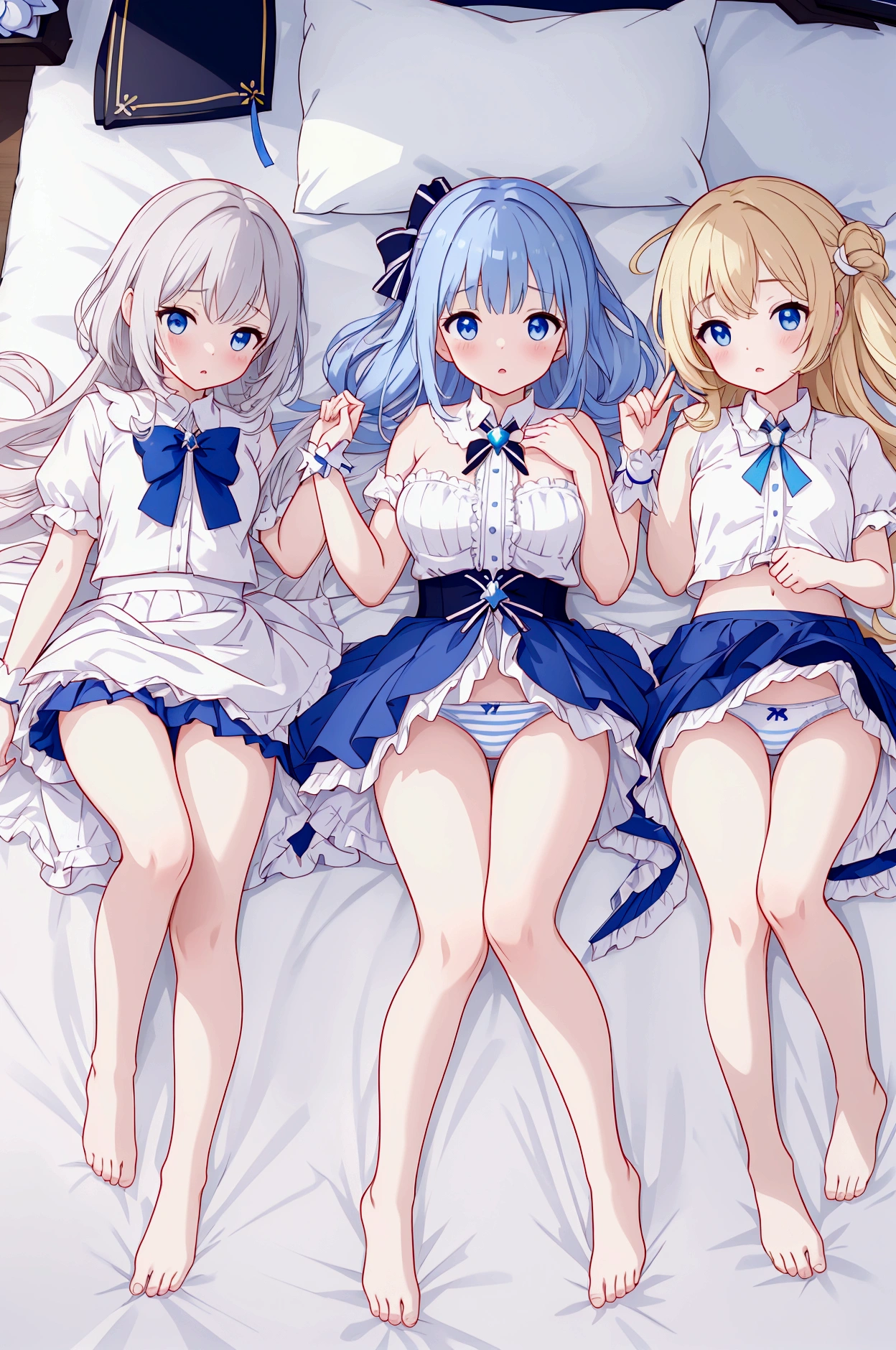 Plain white with emphasis on breastsTshirt、Ultramarine and white striped mini skirt、When you lift up her skirt you can see her cute white frilly underwear.、barefoot、Three girls of different heights Magical girl with a magic wand Futon