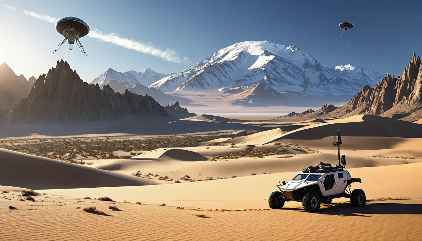  landing in an arid desert with majestic mountains in the background, Detailed with worn hull, parabolic antennas, and powerful enginesVast and arid with rolling sand dunes and jagged rocks.

Mountains Tall and majestic with snow-capped peaks and verdant slopes.

Lighting: Dramatic with setting sun casting long shadows.

Atmosphere: Adventure, exploration, mystery, and danger.