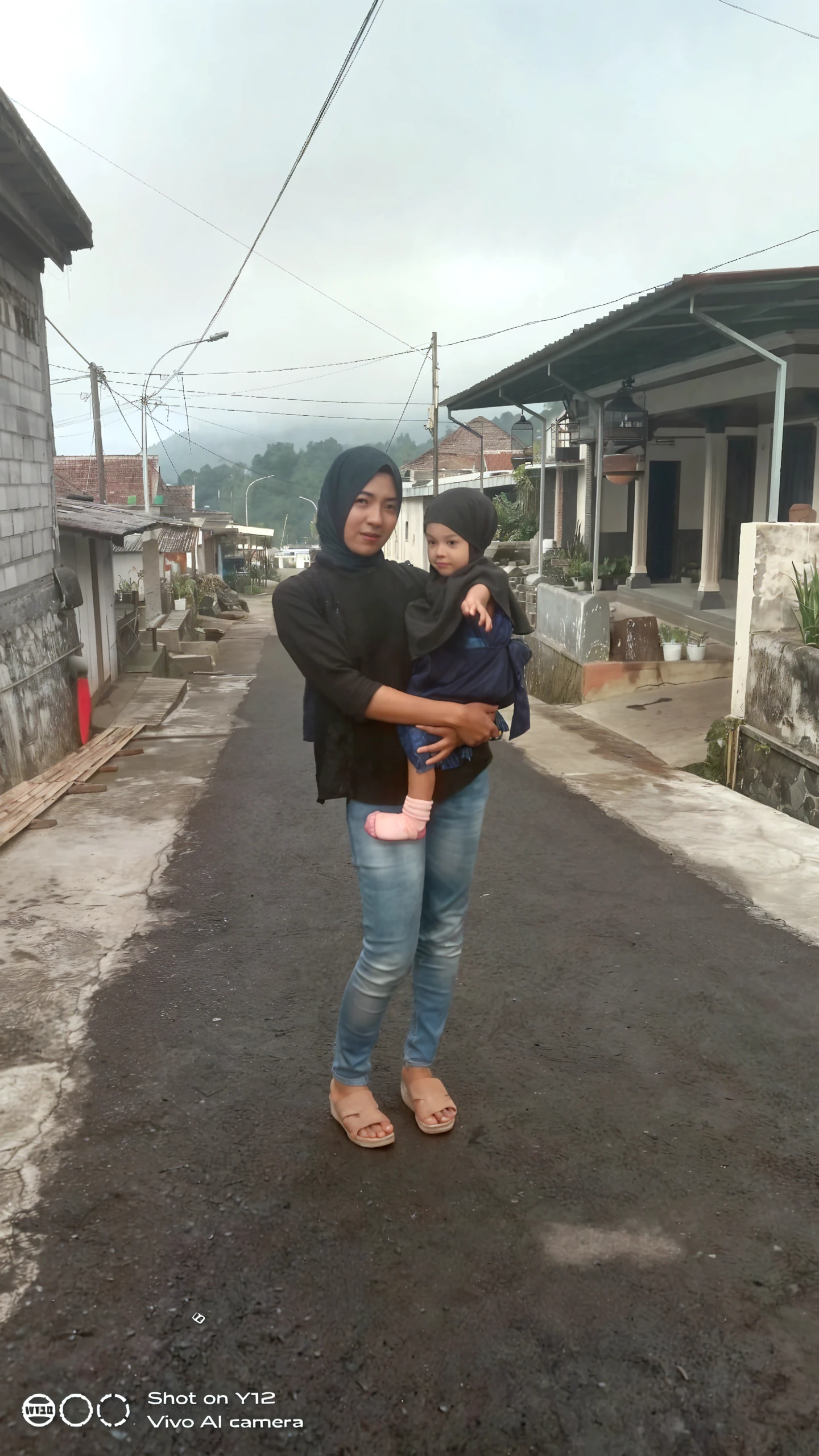 Hijab, 59-year-old mother, very skinny body, big breasts playing in very deep flood water, Playing in flood waters with his 15-year-old daughter short black hair, white lace, smile