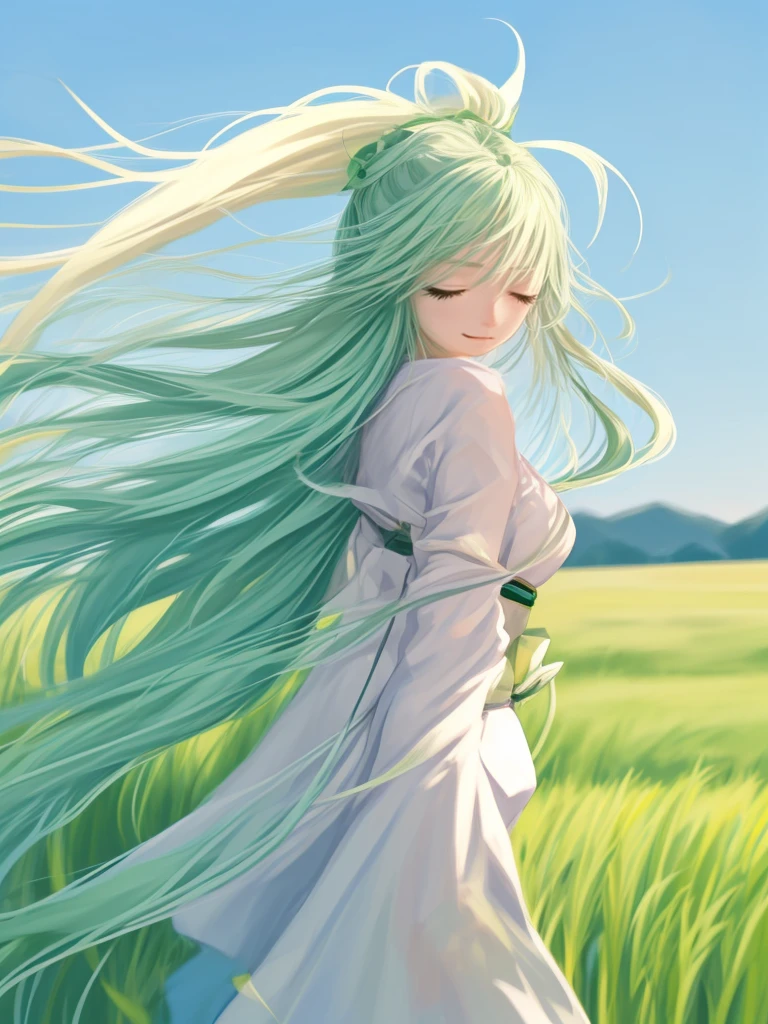 japanese cartoon movies, girl, grass, eye, hair, eye closed, eye closed, Beautiful Young Wind Spirit, beautiful japanese cartoon movies portrait, wind blowing and hair flowing, green flowing hair, wind blowing hair, beautiful illustration painting, digital japanese cartoon movies illustration, beautiful japanese cartoon movies artwork, Beautiful digital illustration, hair blowing the wind, beautiful japanese cartoon movies art, japanese cartoon movies girl with long hair