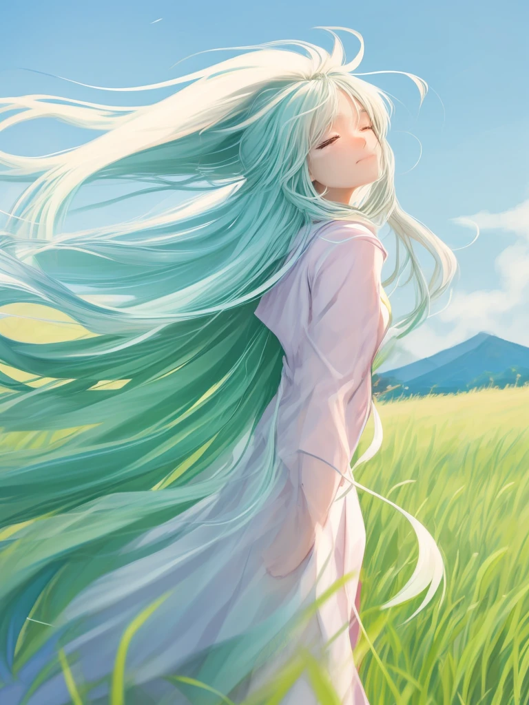 japanese cartoon movies, girl, grass, eye, hair, eye closed, eye closed, Beautiful Young Wind Spirit, beautiful japanese cartoon movies portrait, wind blowing and hair flowing, green flowing hair, wind blowing hair, beautiful illustration painting, digital japanese cartoon movies illustration, beautiful japanese cartoon movies artwork, Beautiful digital illustration, hair blowing the wind, beautiful japanese cartoon movies art, japanese cartoon movies girl with long hair