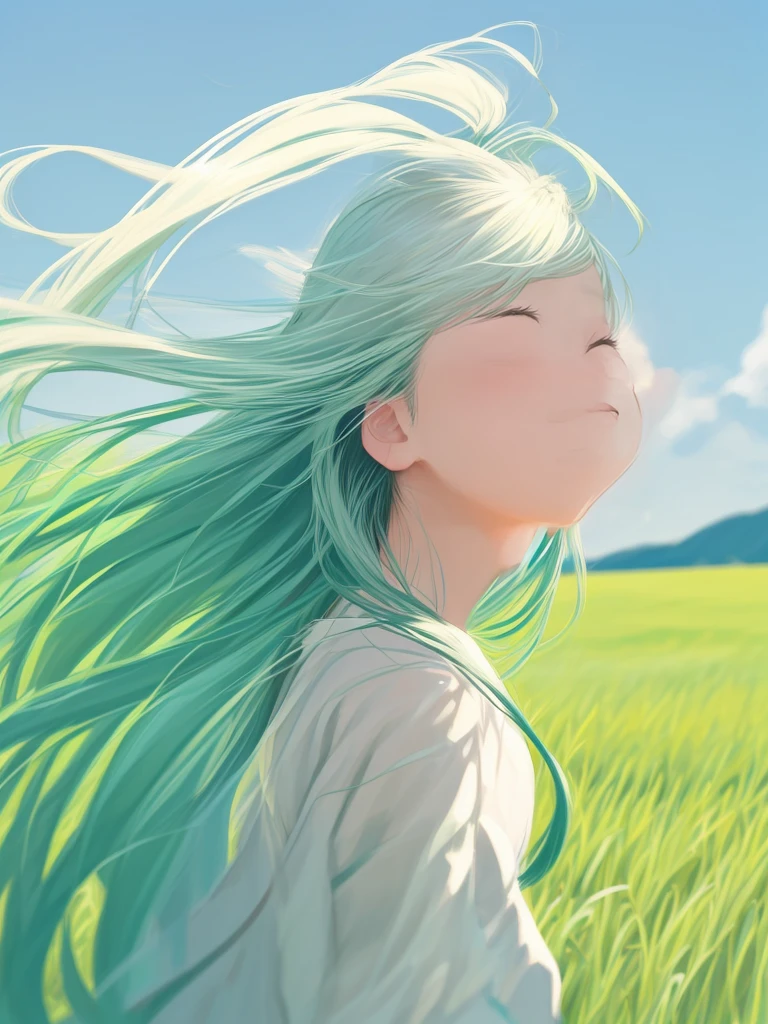 japanese cartoon movies, girl, grass, eye, hair, eye closed, eye closed, Beautiful Young Wind Spirit, beautiful japanese cartoon movies portrait, wind blowing and hair flowing, green flowing hair, wind blowing hair, beautiful illustration painting, digital japanese cartoon movies illustration, beautiful japanese cartoon movies artwork, Beautiful digital illustration, hair blowing the wind, beautiful japanese cartoon movies art, japanese cartoon movies girl with long hair