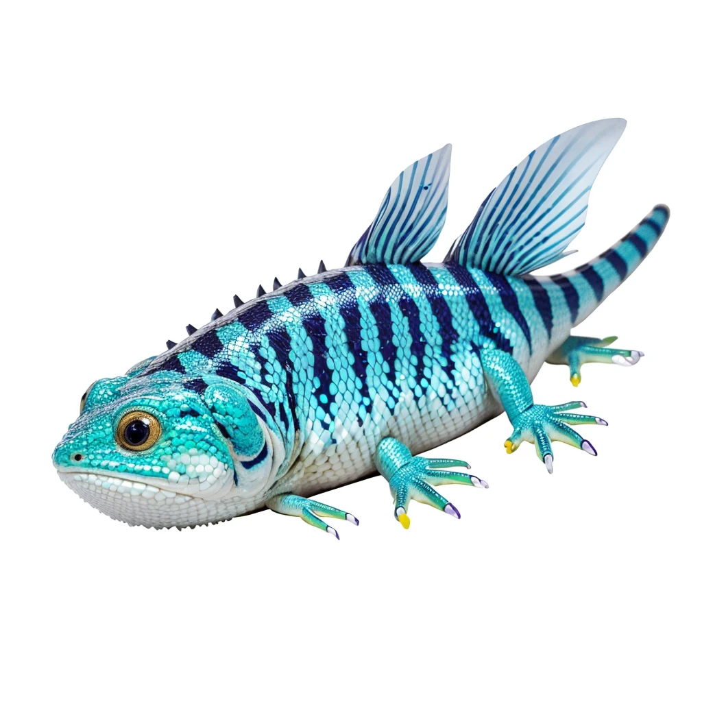 Small Animals, pufferfish mixed with House lizard, has white and purple stripes on its body, Grassroots, no background, (has beard), ((no eyes))