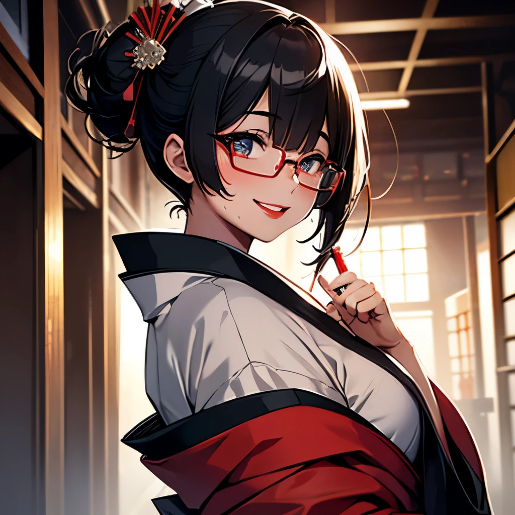 (One girl:1.3), masterpiece, Highest quality, Great beauty, [[3D]], 4K, Absurd, In detail, Highly detailed eyes, Perfect Anatomy, Official Art, Cinema Lighting, break, Japanese-style room, Silky Pixie Cut, Black Hair, Highly shiny detailed blue eyes, Big eyes, Cute eyes, Thin eyebrows, Looking over your shoulder, Thin lips, Smiling with teeth showing, mascara, eye shadow, Red lips, Red round cell frame glasses, blush, Fair skin, Sweaty skin, Dancing, whole body, From the side, break , (Wearing a beautiful kimono:1.2), break,(Glasses)