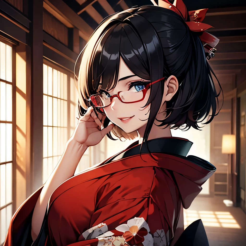 (One girl:1.3), masterpiece, Highest quality, Great beauty, [[3D]], 4K, Absurd, In detail, Highly detailed eyes, Perfect Anatomy, Official Art, Cinema Lighting, break, Japanese-style room, Silky Pixie Cut, Black Hair, Highly shiny detailed blue eyes, Big eyes, Cute eyes, Thin eyebrows, Looking over your shoulder, Thin lips, Smiling with teeth showing, mascara, eye shadow, Red lips, Red round cell frame glasses, blush, Fair skin, Sweaty skin, Dancing, whole body, From the side, break , (Wearing a beautiful kimono:1.2), break,(Glasses)