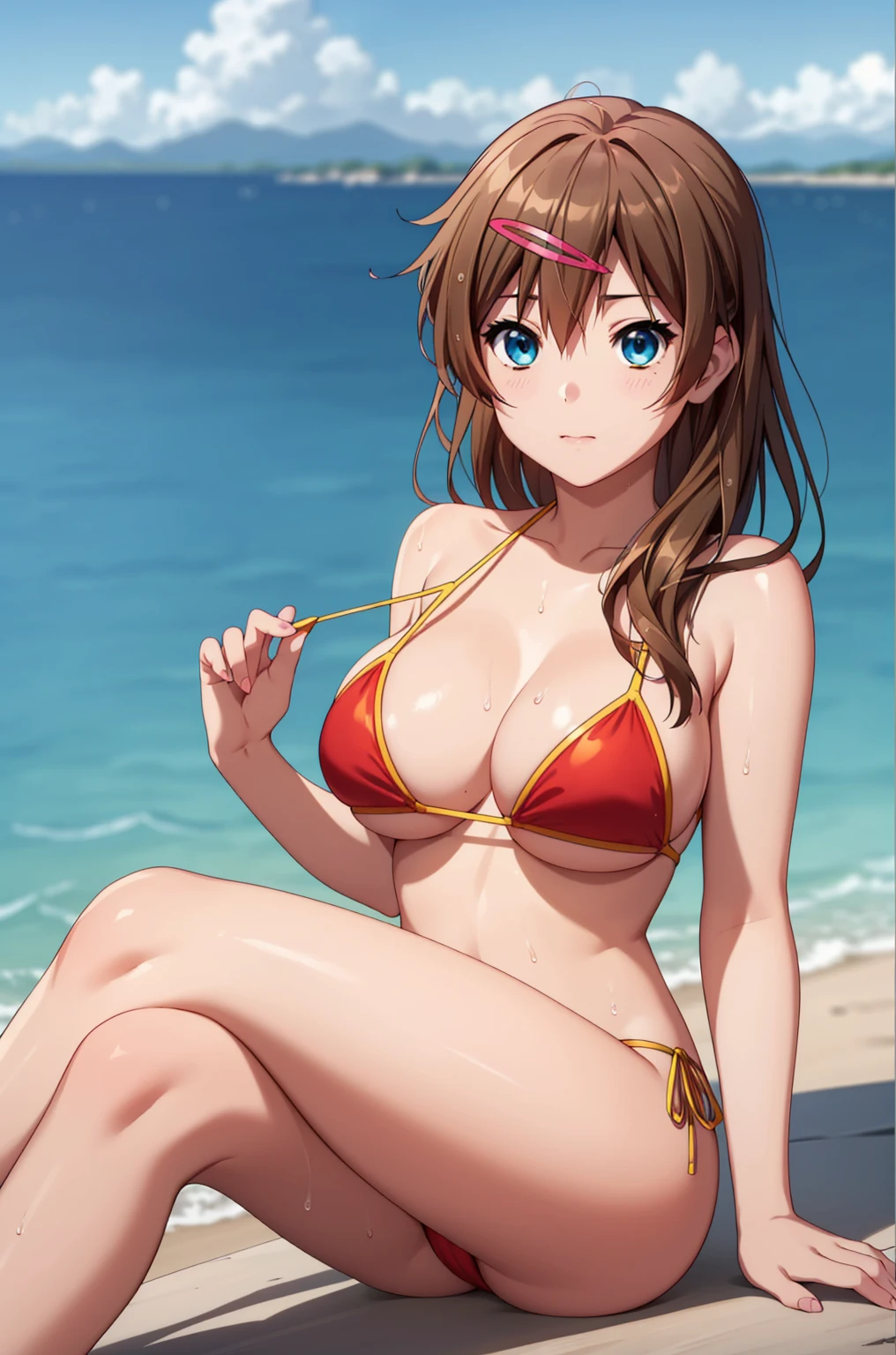 ((masterpiece, Highest quality, High resolution, UHD, Pixel perfect, Depth of written boundary, 4K, rtx, HDR)), 1 Girl, single, alone, 24-years-old, Beautiful Anime Girls, Beautiful art style, anime character, ((Parted bangs, Brown Hair)), (blue eyes、Round eyes, Delicate eyelashes、Beautiful eyelashes, Perfect Eyes), (Detailed face:1.2), (Smooth texture:0.75, Realistic texture:0.65, Realistic:1.2, Cinematic, Anime CG Style), Perfect body, Ocean:1.3、Moderately good breasts:1.7、Red Micro Bikini Swimsuit:1.8、Visible from the thighs:1.9、Wet、Water Drop、Splash、nsfw、visible from below、Sitting、Crossing your legs