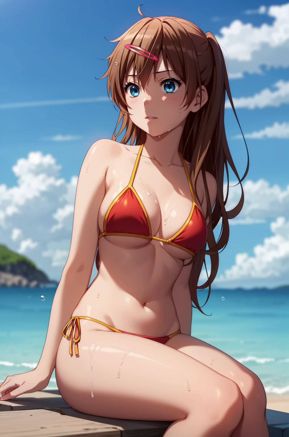 ((masterpiece, Highest quality, High resolution, UHD, Pixel perfect, Depth of written boundary, 4K, rtx, HDR)), 1 Girl, single, alone, 24-years-old, Beautiful Anime Girls, Beautiful art style, anime character, ((Parted bangs, Brown Hair)), (blue eyes、Round eyes, Delicate eyelashes、Beautiful eyelashes, Perfect Eyes), (Detailed face:1.2), (Smooth texture:0.75, Realistic texture:0.65, Realistic:1.2, Cinematic, Anime CG Style), Perfect body, Ocean:1.3、Moderately good breasts:1.7、Red Micro Bikini Swimsuit:1.8、Visible from the thighs:1.9、Wet、Water Drop、Splash、nsfw、visible from below、Sitting、Crossing your legs