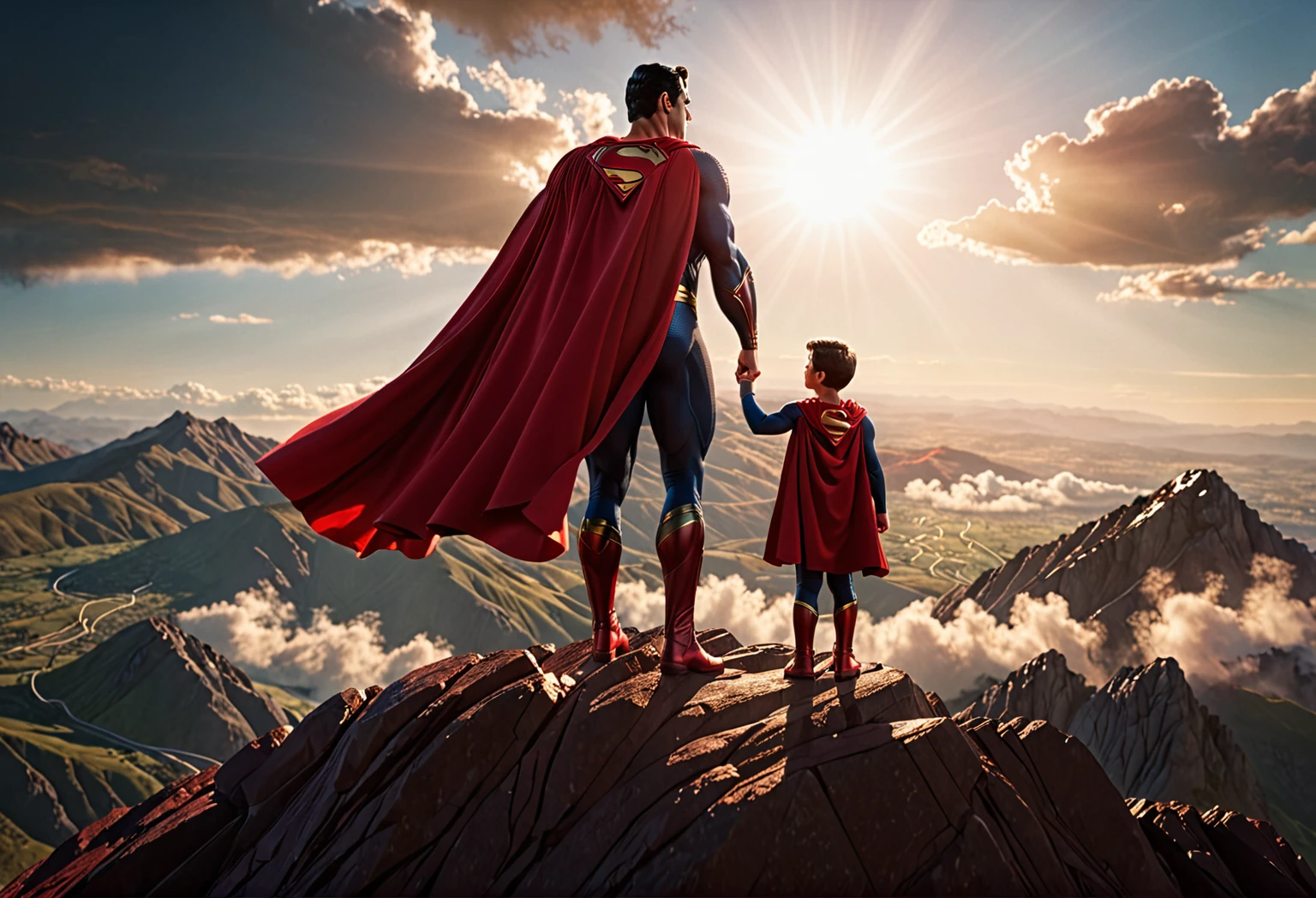 Superman and his son standing on top of a mountain, wearing a red cape, facing the sun, cinematic, dramatic lighting, muscular figure, heroic pose, epic, highly detailed, realistic, photorealistic, 8k, hyper detailed, intricate details, intense shadows and highlights, cinematic composition, dramatic color palette, golden hour lighting, volumetric lighting, glowing cape, awestruck expression, powerful presence