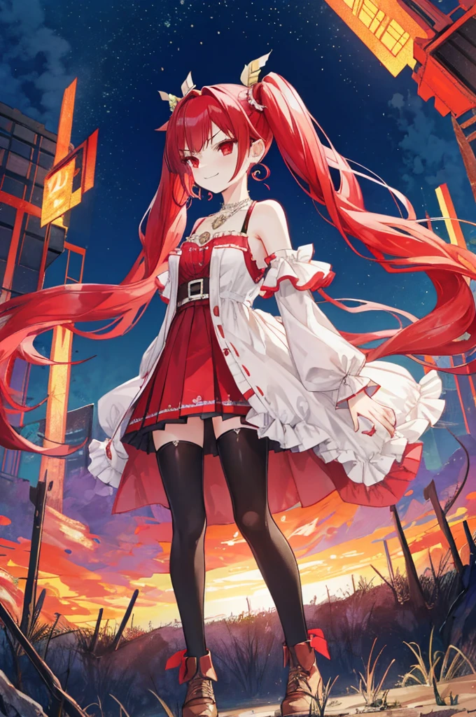 {{Eroge,Game CG,High quality game CG},{{{1girl in}}},{{masutepiece}}, {{{Best Quality}}}, {{Ultra-detailed}}, {{Illustration}},,{{magical  girl}},brooches,,,, {{disheveled hair}},,Big hair, Gradient Hair,Small breasts,,,Drill Hair, {pocket watch},absurdly long hair, Dreadlocks, Red hair, Red hair,Red hair,Gradient Hair,((Evil smile)), v shaped_eyebrows, zettai_ryouiki,,,, floral print and pleated skirt. Add accessories like fringed earrings or a statement necklace.、Complete the look. Gather on the grassland with adventurers,burning city background,((Shoulders and arms are exposed)),(Evil smile),Furious,(Evil smile),(loli gl),(loli gir,Jewel-like red eyes,(Arms Exposed),((high twintails)),twintails, girl,((full body)),angry,burning city,turn around to look at me,slender body,mini skirt,