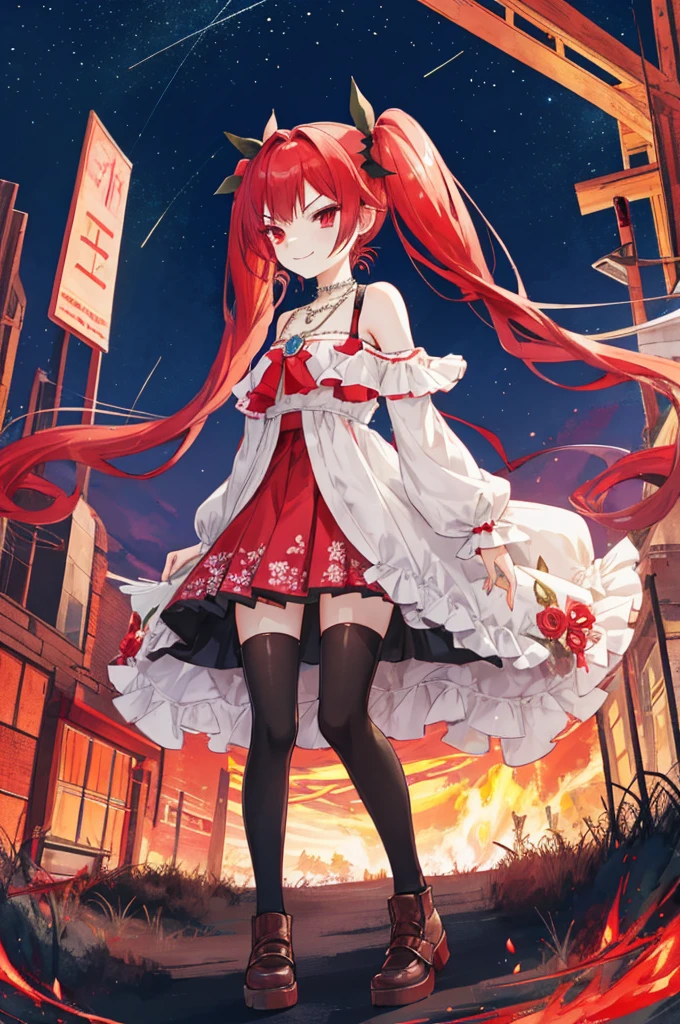{{Eroge,Game CG,High quality game CG},{{{1girl in}}},{{masutepiece}}, {{{Best Quality}}}, {{Ultra-detailed}}, {{Illustration}},,{{magical little girl}},brooches,,,, {{disheveled hair}},,Big hair, Gradient Hair,Small breasts,,,Drill Hair, {pocket watch},absurdly long hair, Dreadlocks, Red hair, Red hair,Red hair,Gradient Hair,((Evil smile)), v shaped_eyebrows, zettai_ryouiki,,,, floral print and pleated skirt. Add accessories like fringed earrings or a statement necklace.、Complete the look. Gather on the grassland with adventurers,burning city background,((Shoulders and arms are exposed)),(Evil smile),Furious,(Evil smile),(loli girl),(loli girl),Jewel-like red eyes,(Arms Exposed),((high twintails)),twintails, girl,((full body)),angry,burning city,turn around to look at me,slender body,mini skirt,