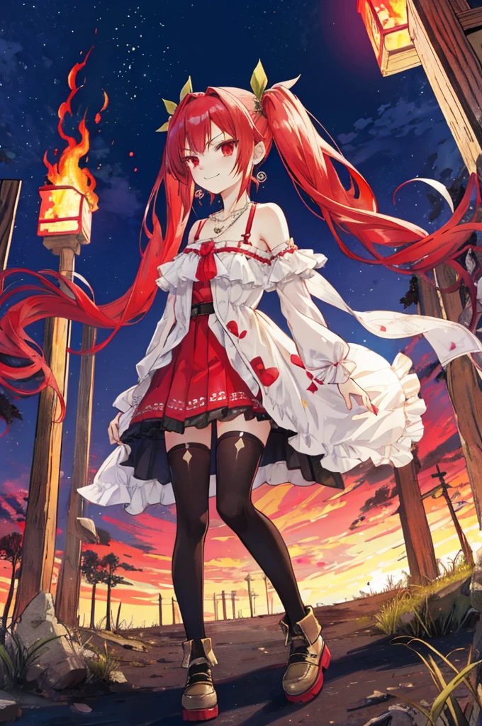 {{Eroge,Game CG,High quality game CG},{{{1girl in}}},{{masutepiece}}, {{{Best Quality}}}, {{Ultra-detailed}}, {{Illustration}},,{{magical little girl}},brooches,,,, {{disheveled hair}},,Big hair, Gradient Hair,Small breasts,,,Drill Hair, {pocket watch},absurdly long hair, Dreadlocks, Red hair, Red hair,Red hair,Gradient Hair,((Evil smile)), v shaped_eyebrows, zettai_ryouiki,,,, floral print and pleated skirt. Add accessories like fringed earrings or a statement necklace.、Complete the look. Gather on the grassland with adventurers,burning city background,((Shoulders and arms are exposed)),(Evil smile),Furious,(Evil smile),(loli girl),(loli girl),Jewel-like red eyes,(Arms Exposed),((high twintails)),twintails, girl,((full body)),angry,burning city,turn around to look at me,slender body,mini skirt,