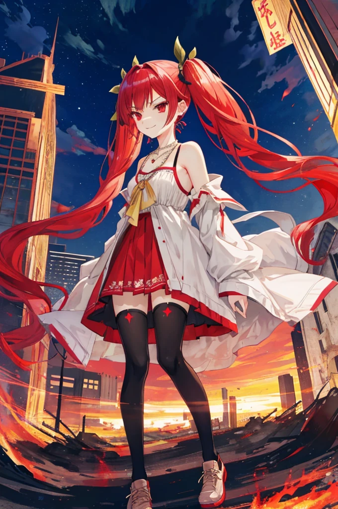 {{Eroge,Game CG,High quality game CG},{{{1girl in}}},{{masutepiece}}, {{{Best Quality}}}, {{Ultra-detailed}}, {{Illustration}},,{{magical little girl}},brooches,,,, {{disheveled hair}},,Big hair, Gradient Hair,Small breasts,,,Drill Hair, {pocket watch},absurdly long hair, Dreadlocks, Red hair, Red hair,Red hair,Gradient Hair,((Evil smile)), v shaped_eyebrows, zettai_ryouiki,,,, floral print and pleated skirt. Add accessories like fringed earrings or a statement necklace.、Complete the look. Gather on the grassland with adventurers,burning city background,((Shoulders and arms are exposed)),(Evil smile),Furious,(Evil smile),(loli girl),(loli girl),Jewel-like red eyes,(Arms Exposed),((high twintails)),twintails, girl,((full body)),angry,burning city,turn around to look at me,slender body,mini skirt,
