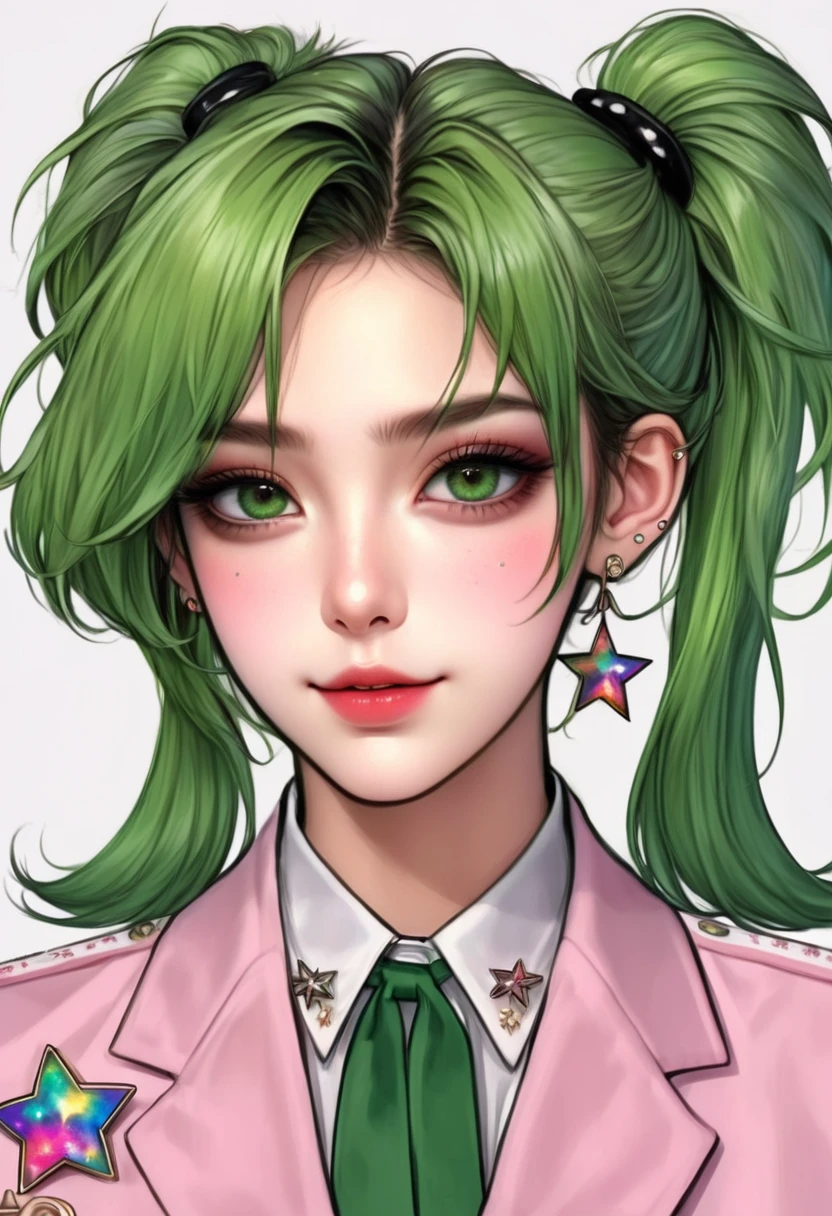 (Digital Illustration，Detailed anime style girl portrait，Solitary，symmetry)，(Big colorful eyes，Fashionable and exquisite facial features，Exquisite makeup，Sweet smile，Star symbol mark on cheek，Soulful gaze，)，(Fluffy high ponytails，Hairpin)，(White high collar lace shirt，Green suit，Epaulettes-Chain，cool，)，Clean and simple white background，(((Correct human anatomy)))