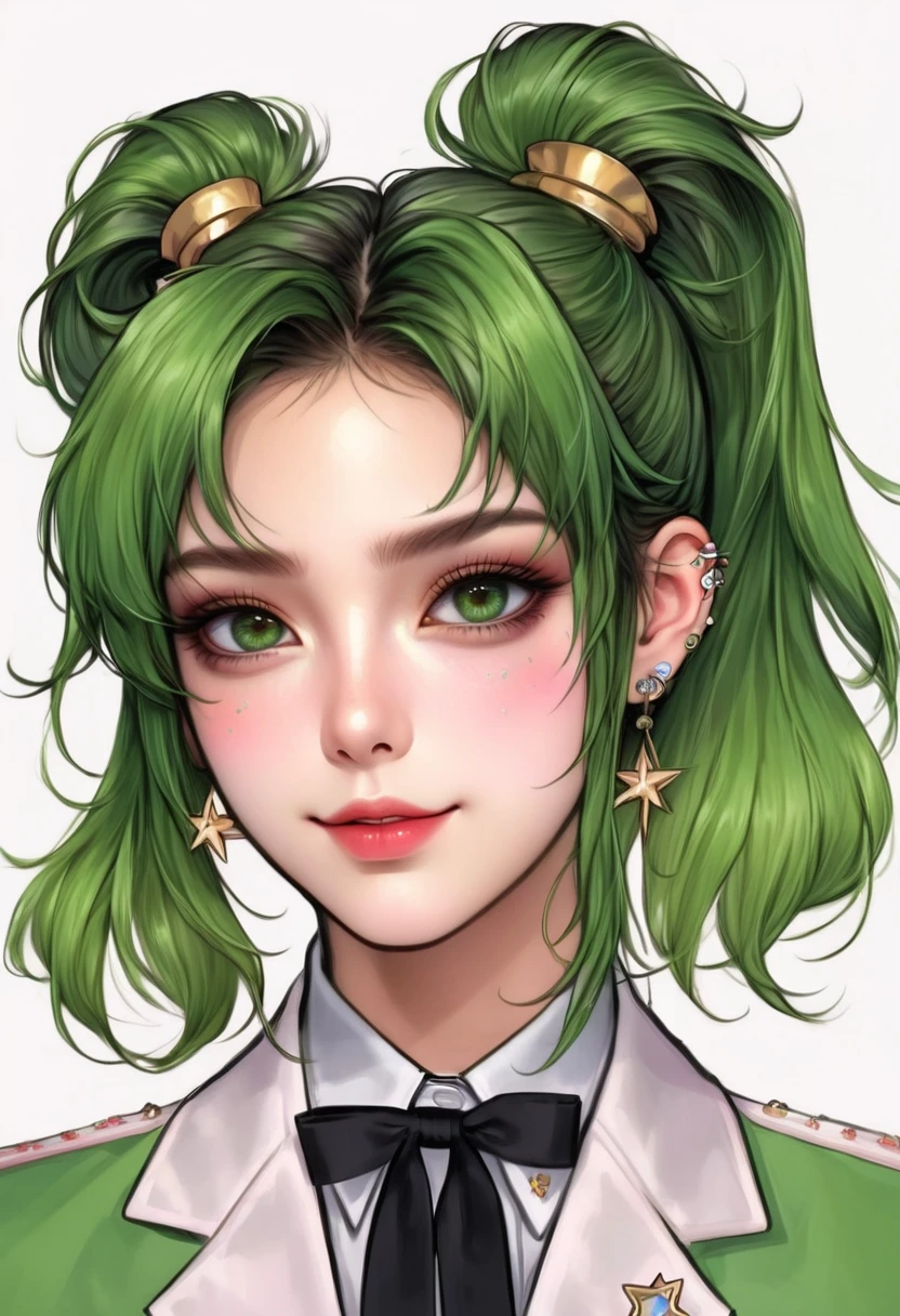 (Digital Illustration,Detailed anime style girl portrait,Solitary,symmetry),(Big colorful eyes,Fashionable and exquisite facial features,Exquisite makeup,Sweet smile,Star symbol mark on cheek,Soulful gaze,),(Fluffy high ponytails,Hairpin),(White high collar lace shirt,Green suit,Epaulettes-Chain,cool,),Clean and simple white background,(((Correct human anatomy)))