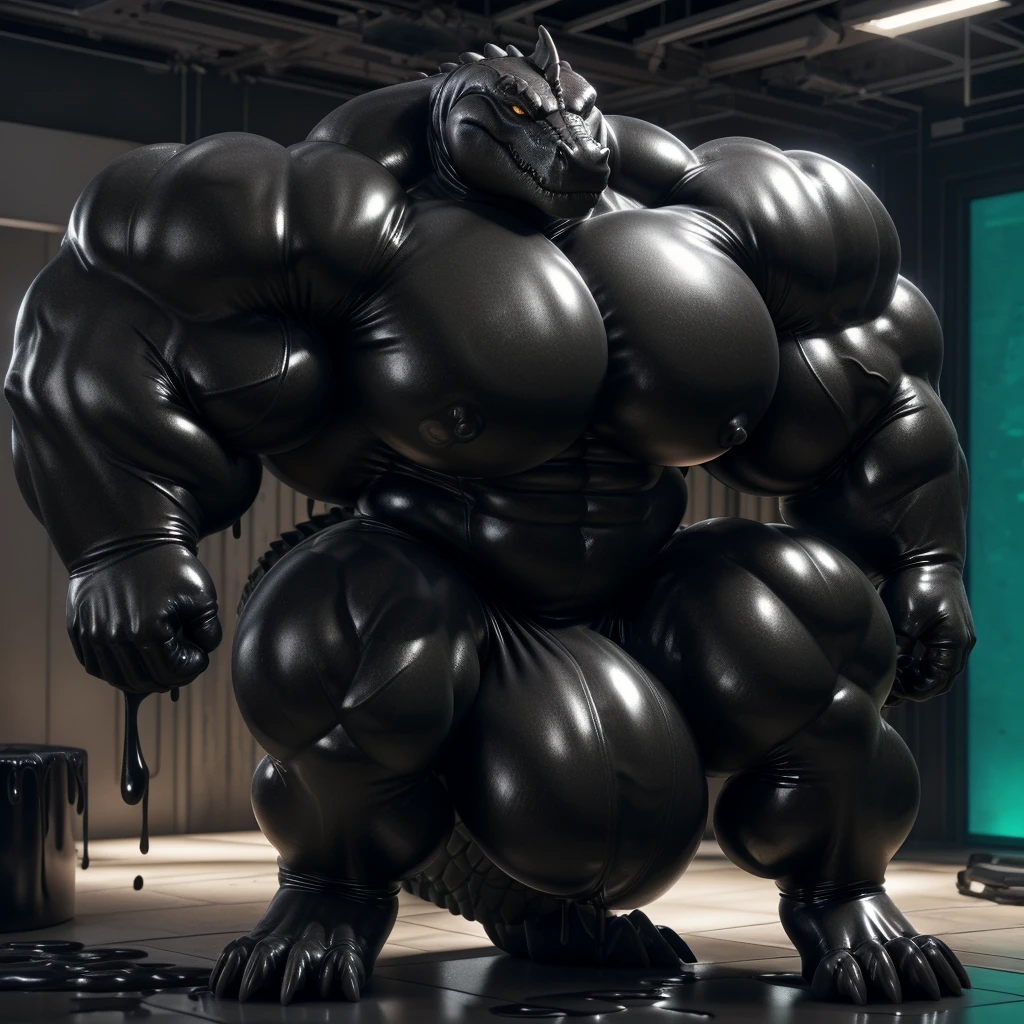 solo, male, , , ,  (hyper pecs:1.2), （long thick thighs:1.5）, standing, indoor,，(，,(,solo,very hyper muscles:1.3)((, Huge bulge：1.3))）（corruption)), black glowing liquid，（((liquid_latex, , rubber:1.2)，,black latex，goo transformation，(gooey)()(l），unreal engine,perfect light，detailed, photorealistic, 4k, hd, , , , good anatomy, , (), ,, high quality, best quality, concept art, photorealistic, Crocodile