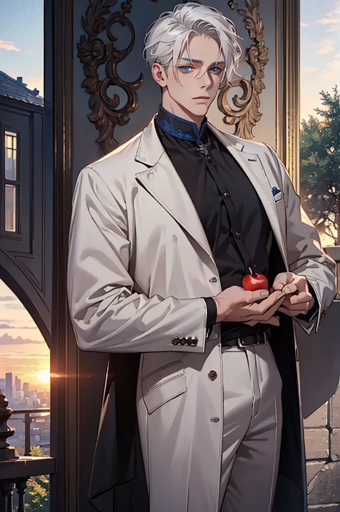 ((masterpiece:1.2, Best quality)), 4k, adult, European face, 1 person, male, mature, masculine, Beautiful, very tall, Muscles, broad shoulders, dark casual wear, White skin, medium white hair, Blue eyes, portrait, sunset, old house with apple trees.