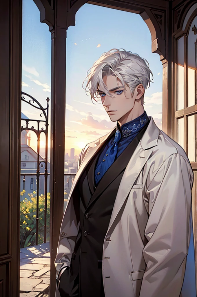 ((masterpiece:1.2, Best quality)), 4k, adult, European face, 1 person, male, mature, masculine, Beautiful, very tall, Muscles, broad shoulders, dark casual wear, White skin, medium white hair, Blue eyes, portrait, sunset, old house with apple trees.