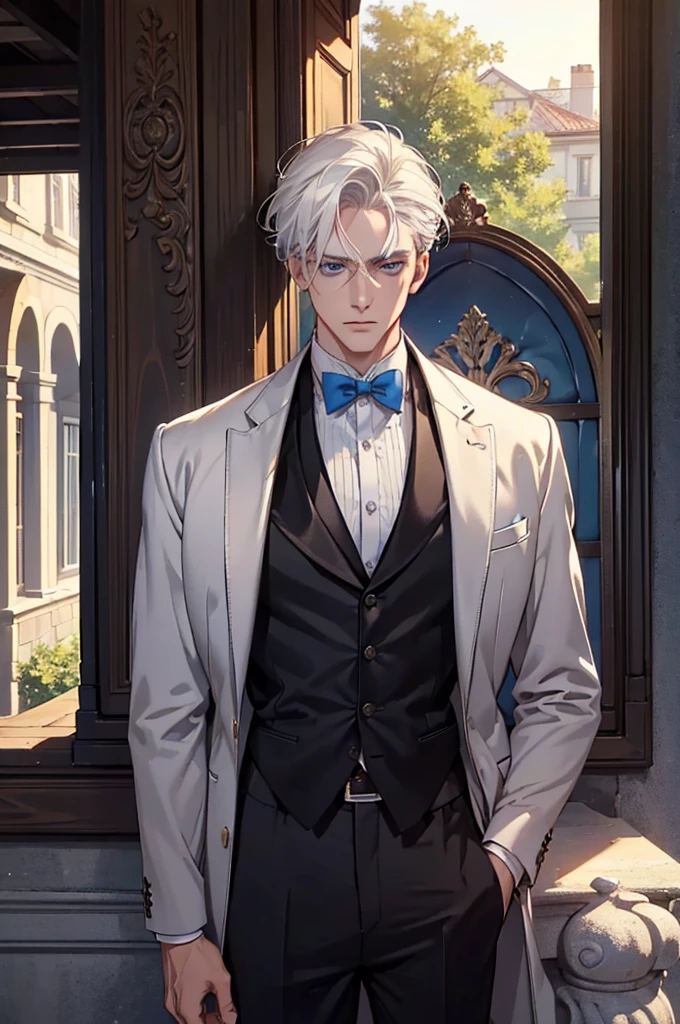 ((masterpiece:1.2, Best quality)), 4k, adult, European face, 1 person, male, mature, masculine, Beautiful, very tall, Muscles, broad shoulders, dark casual wear, White skin, medium white hair, Blue eyes, portrait, sunset, old house with apple trees.
