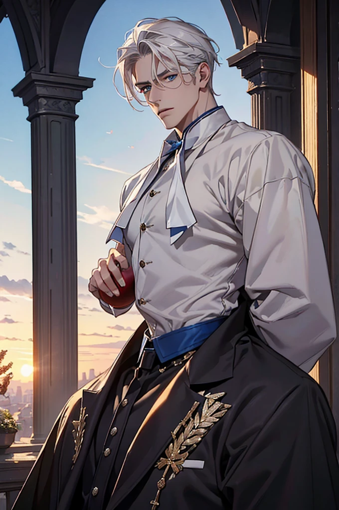((masterpiece:1.2, Best quality)), 4k, adult, European face, 1 person, male, mature, masculine, Beautiful, very tall, Muscles, broad shoulders, dark casual wear, White skin, medium white hair, Blue eyes, portrait, sunset, old house with apple trees.