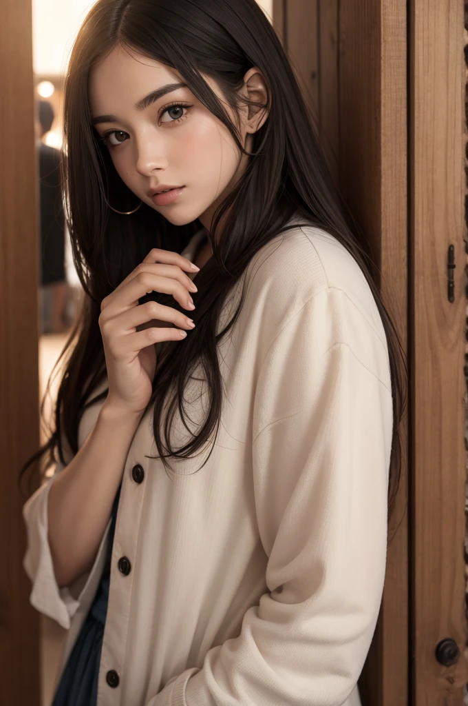 masterpiece, best quality, game cg, 1girl, solo, female focus, looking at viewer, upper body, depth of field, black hair, brown eyes, long hair, plain background.