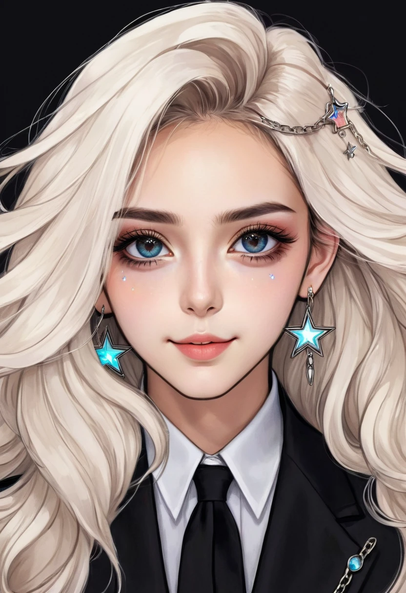 (Digital Illustration，Detailed anime style girl portrait，Solitary，symmetry)，(Big colorful eyes，Fashionable and exquisite facial features，Exquisite makeup，Smile，Star symbol mark on cheek，Soulful gaze，)，(Fluffy long hair，Beautiful hairstyle，Hairpin)，(Black suit，Epaulettes-Chain，cool，)，Clean and simple white background，(((Correct human anatomy)))