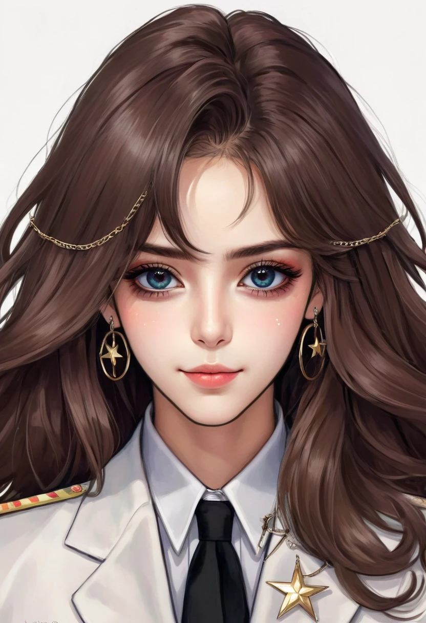 (Digital Illustration，Detailed anime style girl portrait，Solitary，symmetry)，(Big colorful eyes，Fashionable and exquisite facial features，Exquisite makeup，Smile，Star symbol mark on cheek，Soulful gaze，)，(Fluffy long hair，Beautiful hairstyle，Hairpin)，(Black suit，Epaulettes-Chain，cool，)，Clean and simple white background，(((Correct human anatomy)))