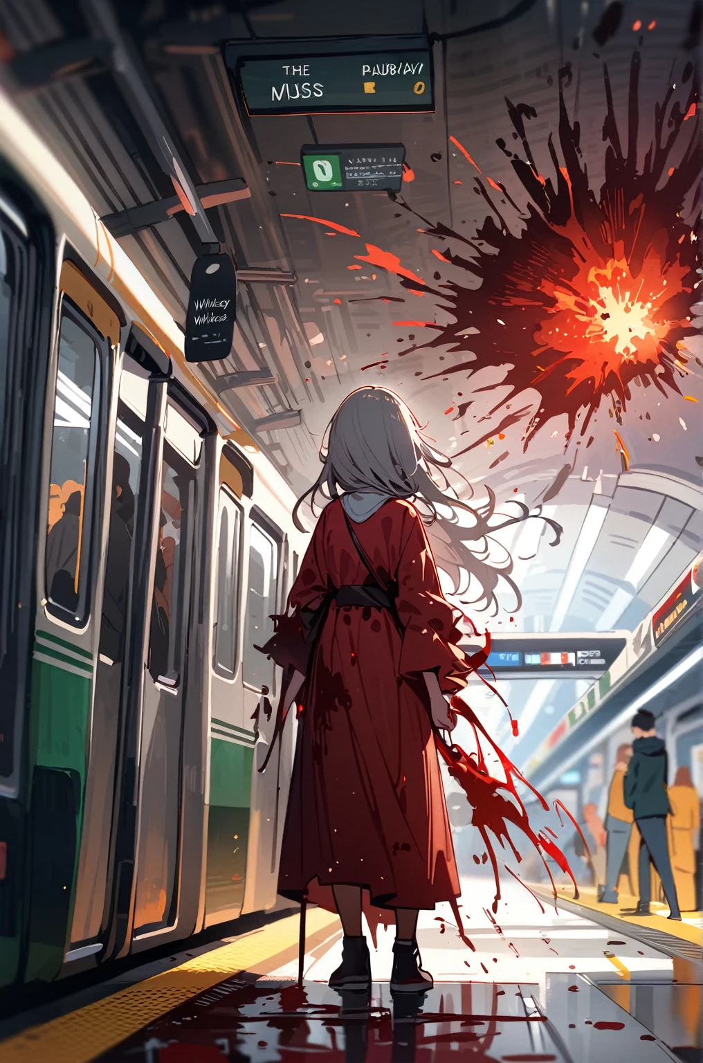 masterpiece，woman,best quality, very beautiful, absurd, metro station，The subway whizzes by，Subway passing by，Bloodstains scattered all over，Exploding blood mist