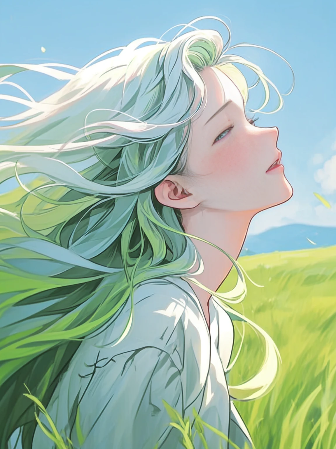 japanese cartoon movies, girl, grass, eye, hair, eye closed, eye closed, Beautiful Young Wind Spirit, beautiful japanese cartoon movies portrait, wind blowing and hair flowing, green flowing hair, wind blowing hair, beautiful illustration painting, digital japanese cartoon movies illustration, beautiful japanese cartoon movies artwork, Beautiful digital illustration, hair blowing the wind, beautiful japanese cartoon movies art, japanese cartoon movies girl with long hair