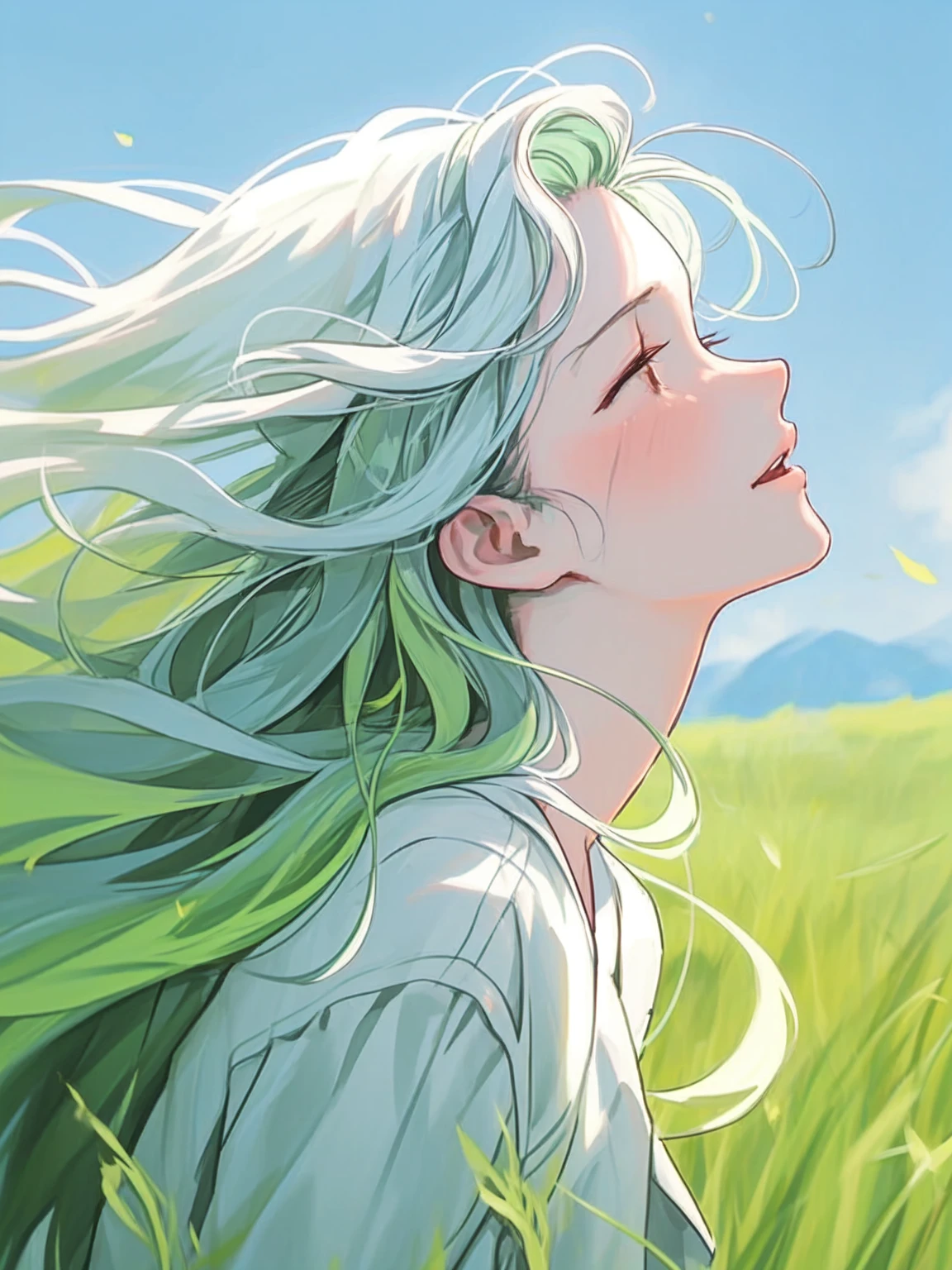 japanese cartoon movies, girl, grass, eye, hair, eye closed, eye closed, Beautiful Young Wind Spirit, beautiful japanese cartoon movies portrait, wind blowing and hair flowing, green flowing hair, wind blowing hair, beautiful illustration painting, digital japanese cartoon movies illustration, beautiful japanese cartoon movies artwork, Beautiful digital illustration, hair blowing the wind, beautiful japanese cartoon movies art, japanese cartoon movies girl with long hair
