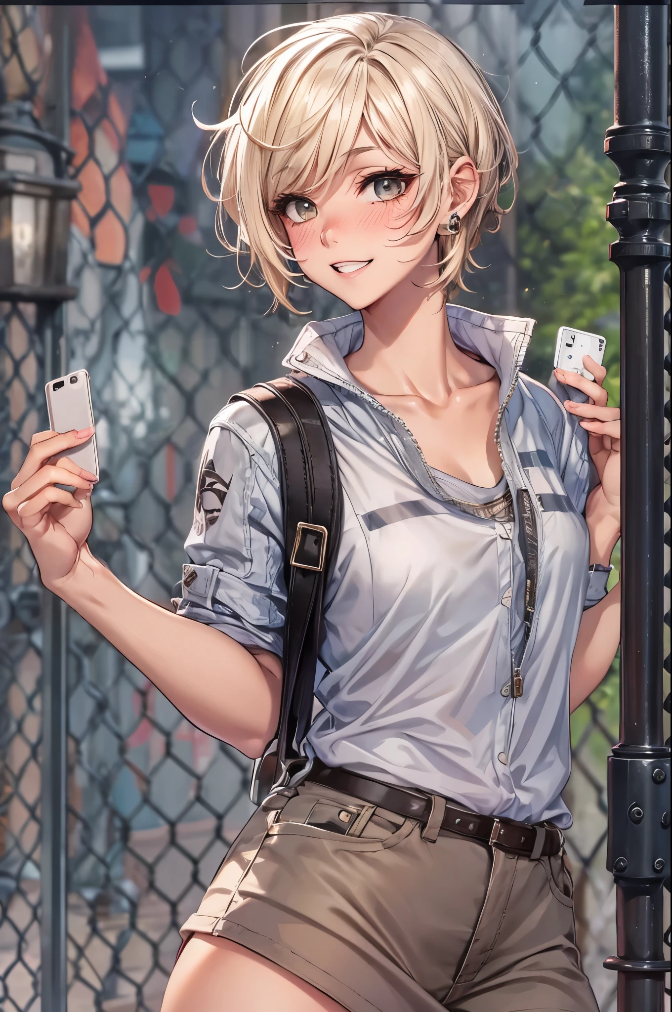 "best quality,ultra-detailed,((background:outside the park1,8)),(one boy),(full body),portraits,((sissy boy,tomboy,FemBoy,trap1,8)),bulge1,8,(natural makeup),black choker,necklace,earrings,(short blonde hair),boy's face,boys body,((nose-blush)),((grin)),((street-casual-style)),(Parker),(fishnet-pantyhose),(engineer-boots),(he’s having shoulder bags),vibrant colors,soft lighting"