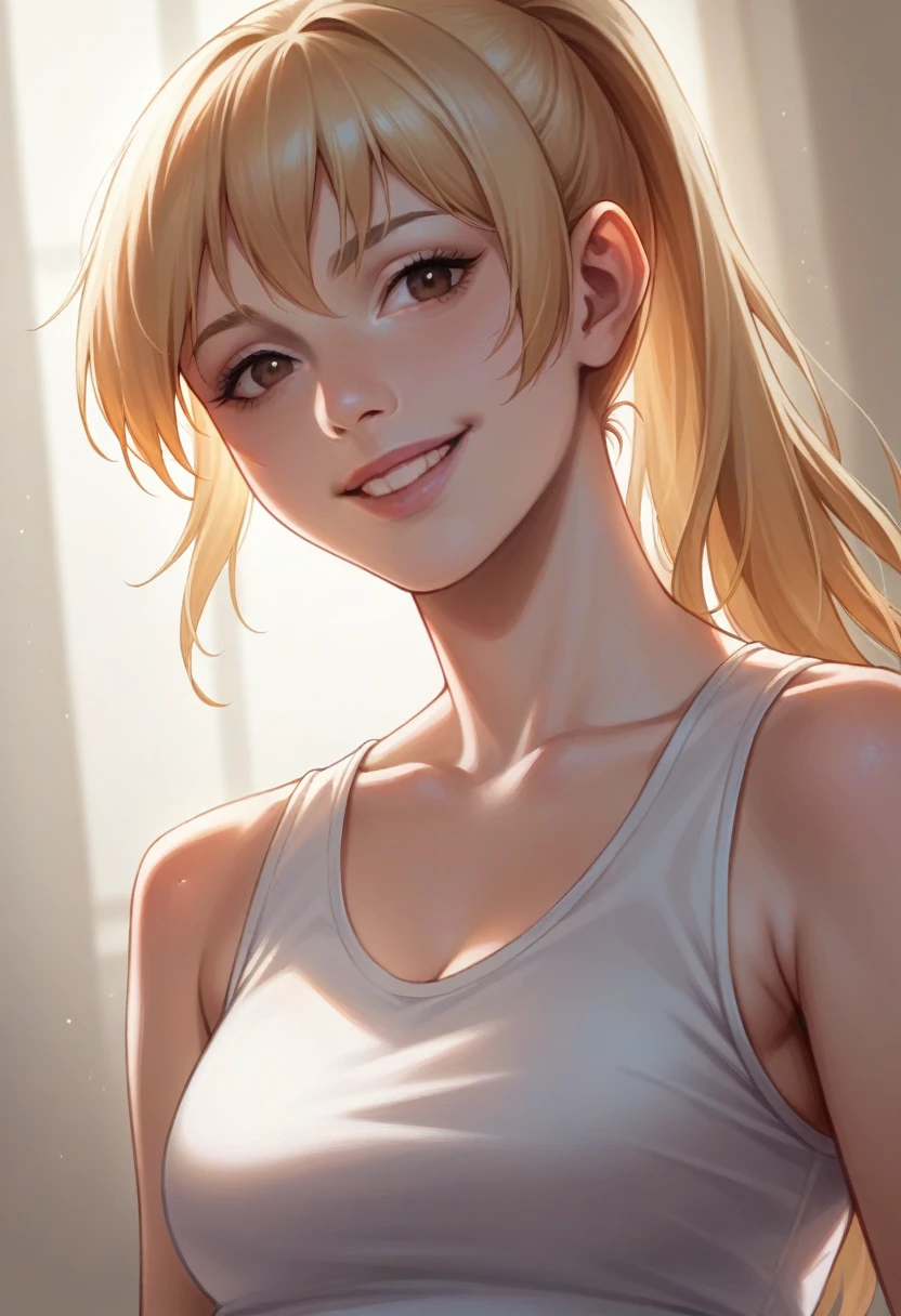 Half-body portrait of an 18-year-old girl, Laia Manzanares, with a blonde ponytail, natural skin texture, perfect eyes, small brown eyes, warm lighting, soft shadows, low contrast, wearing a sleeveless white top. The image is a masterpiece, award-winning, photorealistic, highly detailed, with cinematic lighting, showcasing her natural beauty, delicate features, ethereal presence, smiling, and elegant.