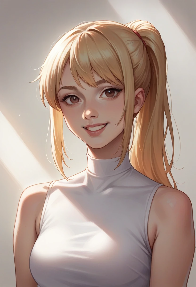 Half-body portrait of an 18-year-old girl, Laia Manzanares, with a blonde ponytail, natural skin texture, perfect eyes, small brown eyes, warm lighting, soft shadows, low contrast, wearing a sleeveless white top. The image is a masterpiece, award-winning, photorealistic, highly detailed, with cinematic lighting, showcasing her natural beauty, delicate features, ethereal presence, smiling, and elegant.