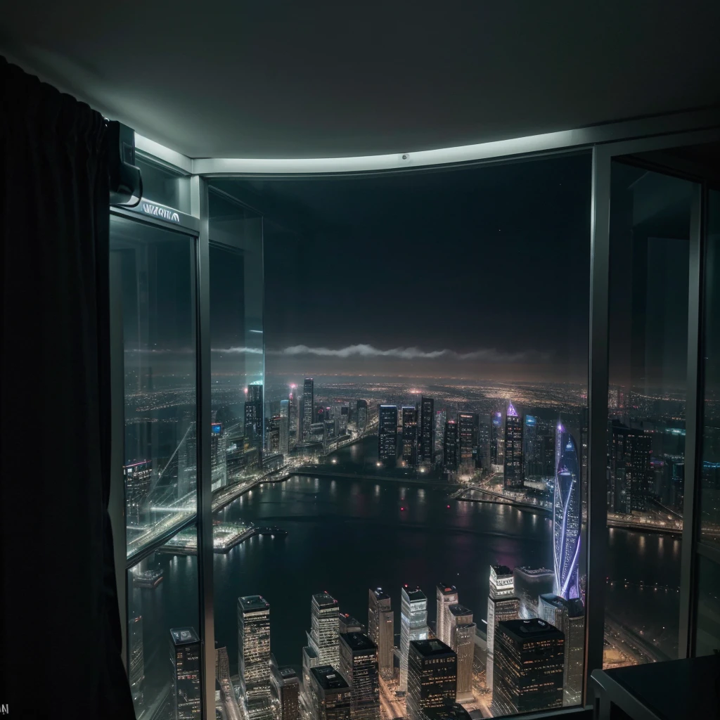 Prompts Copy prompts Night panorama from the interior of a room located on the 90th floor of a skyscraper in a futuristic cyberpunk-style city, se logra apreciar autos voladores, publicidad en luz neon, niebla, pollution. ((Realismo)), ((hiperrealismo)), ((Photography)), ((excelente calidad)), ((surrealismo)), ((4k)), ((8k)), ((High Definition)), ((ultra)), ((obra maestra)), ((perfection))