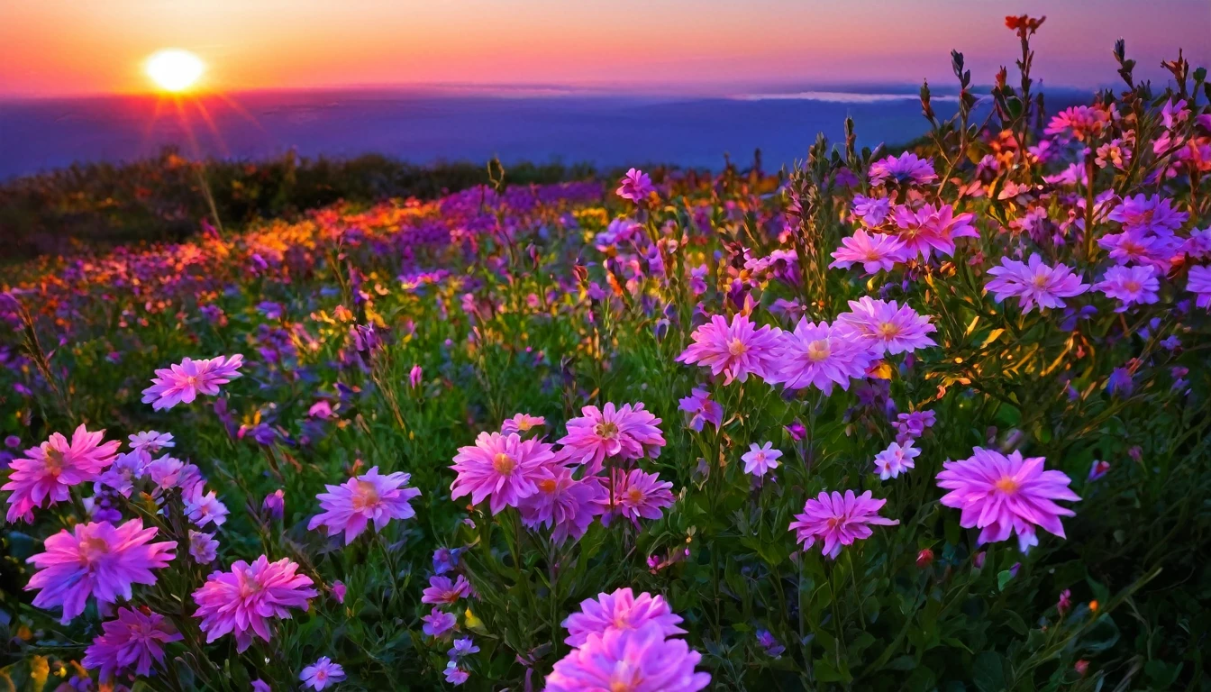 beautiful, flowers, sunset