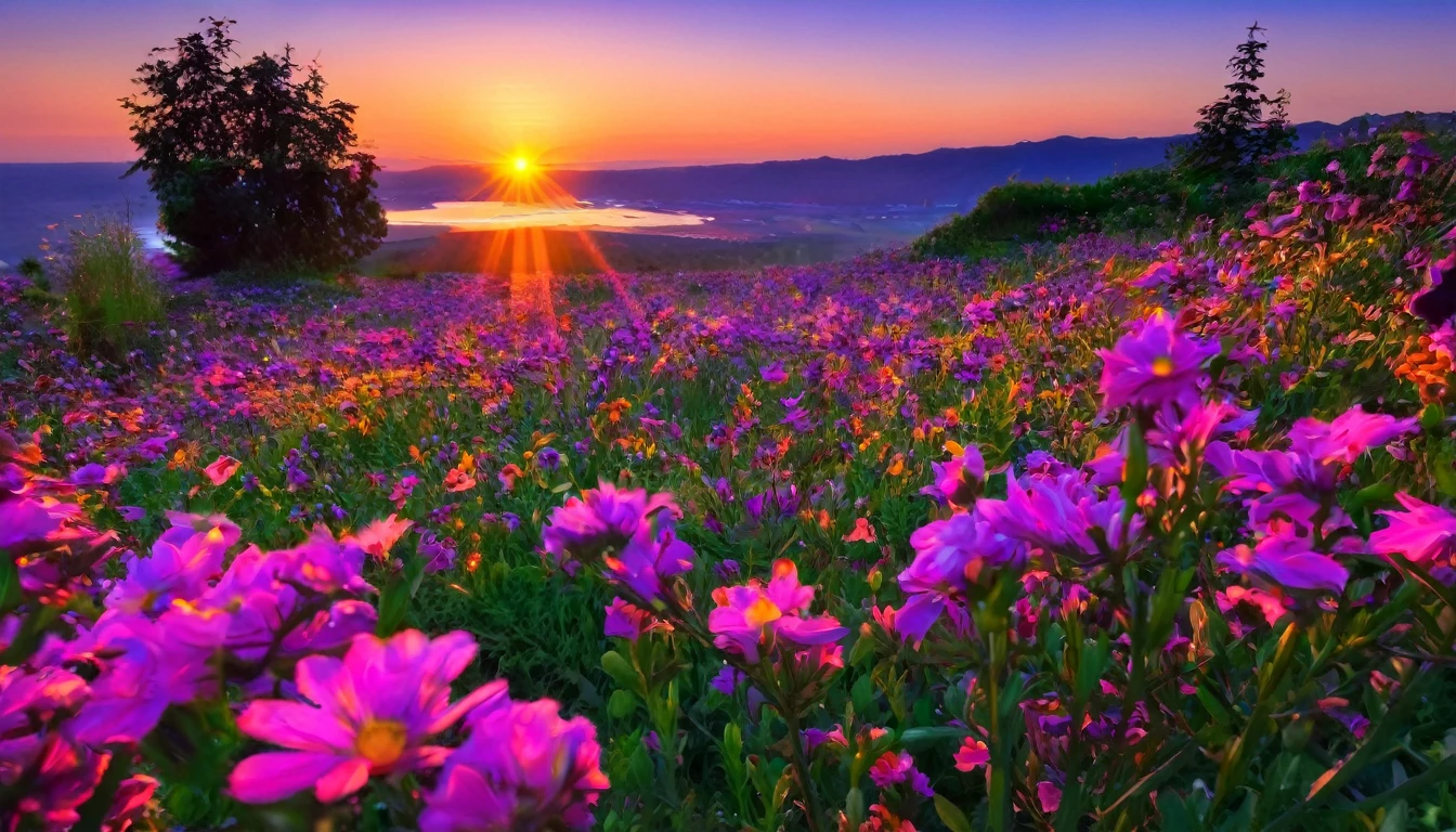 beautiful, flowers, sunset