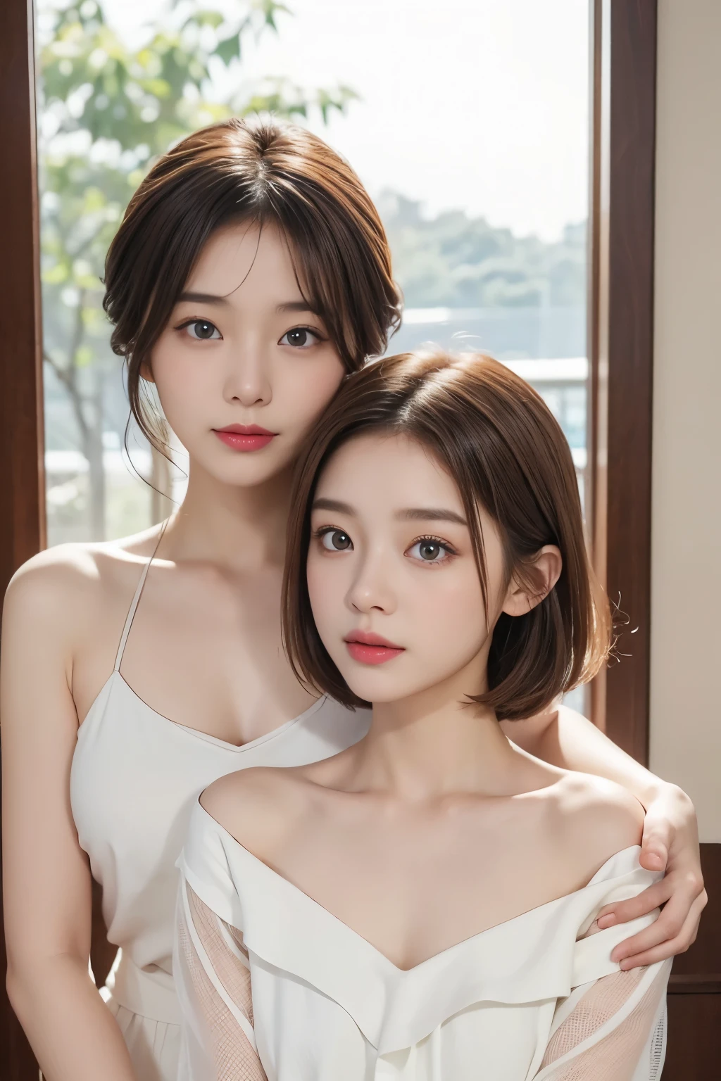 Ultra-high quality,short hair,slim,(8K、Original image、Best quality、masterpiece:1.2),Japanese Idol,(practical、Reality:1.37),Pretty face,Mesh Hair,Golden Ratio,RAW photos,Light brown hair,Small chest,(Two girls,30-year-old mother and 18-year-old daughter,look like:1.4)。
Against a pastel background,An incomparable beauty appears before your eyes。She has a delicate face,Just like an artist painted with the most delicate brushstrokes。Her skin is as white as snow,Like jade gently touched by the moonlight,Almost transparent luster。
Those eyes,Clear and transparent,Like two clear lakes,Contains endless wisdom and tenderness。When you look into her eyes,It seems like a mysterious world can be explored,It's funny。
