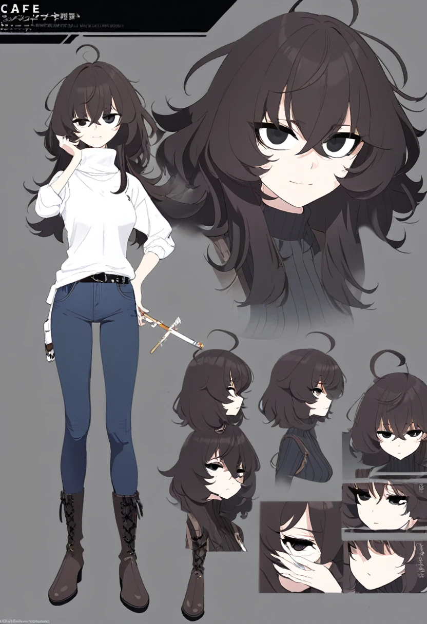 One Woman,Downer,older sister,Concept Art,Dark brown hair,Straight hair with slight inward curls,Staring eyes,Eye Ridge,black eye,Crossed bangs,whole body,smile,Slightly larger breasts,Gray background,Bangs that reach down to the eyes,Messy hair,Tight dark jeans,black and white turtleneck sweater,Multiple views of the same character,Character Design,Dark circles under the eyes,Bad look,Listless,Sloppy,accessories,Cafe staff,Holding a cigarette,whole bodyCharacter Design,Detailed hands,Height: 170cm,boots,