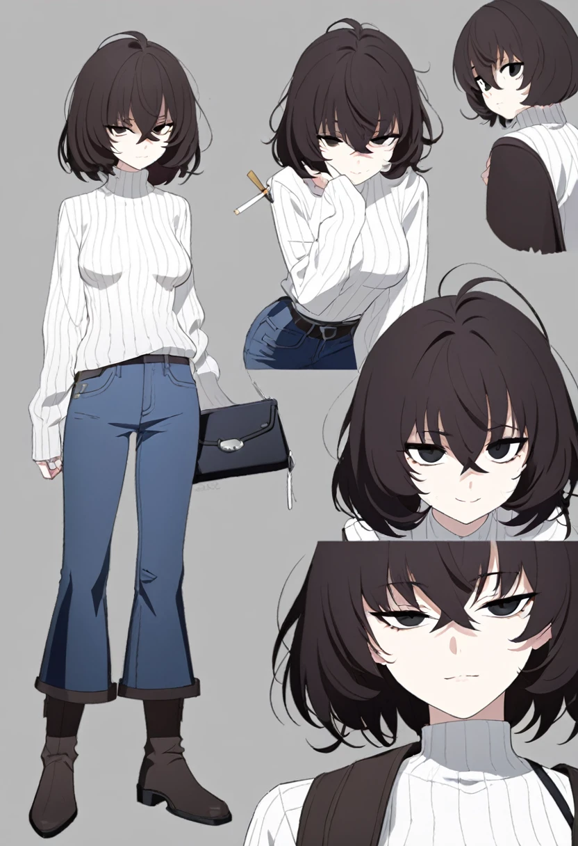 One Woman,Downer,older sister,Concept Art,Dark brown hair,Straight hair with slight inward curls,Staring eyes,Eye Ridge,black eye,Crossed bangs,whole body,smile,Slightly larger breasts,Gray background,Bangs that reach down to the eyes,Messy hair,Tight dark jeans,black and white turtleneck sweater,Multiple views of the same character,Character Design,Dark circles under the eyes,Bad look,Listless,Sloppy,accessories,Cafe staff,Holding a cigarette,whole bodyCharacter Design,Detailed hands,Height: 170cm,boots,