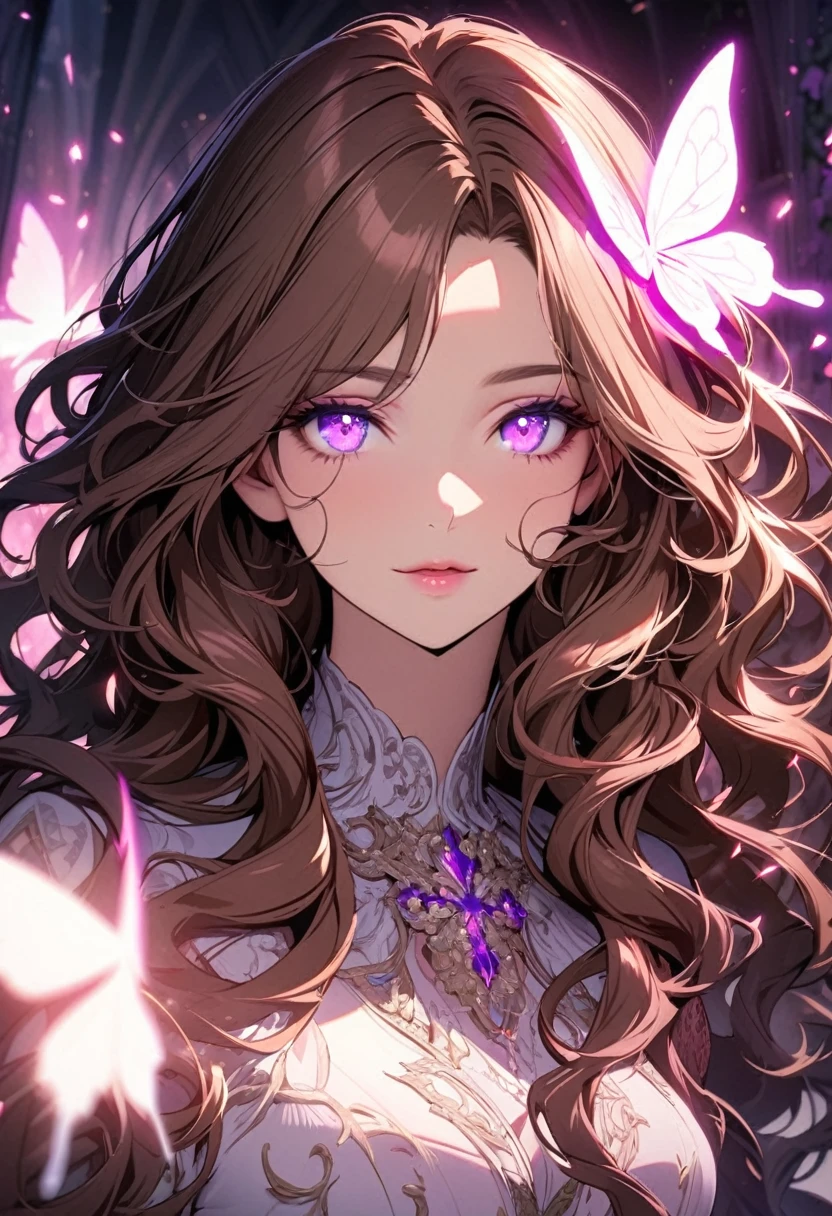 girl, brown hair, wavy hair, long hair, glowing purple eyes, mature, gorgeous, beautiful background, super detail, beautiful color, glowing butterfly, angel, main face