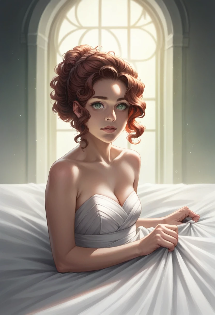 a woman with long, curly red hair and green eyes, sitting on white sheets, Blue hour lighting, realistic, detailed, photorealistic, 8k, masterpiece, highly detailed face, intricate hairstyle, smooth skin, natural lighting, warm tones, cinematic composition, elegant, serene, contemplative expression