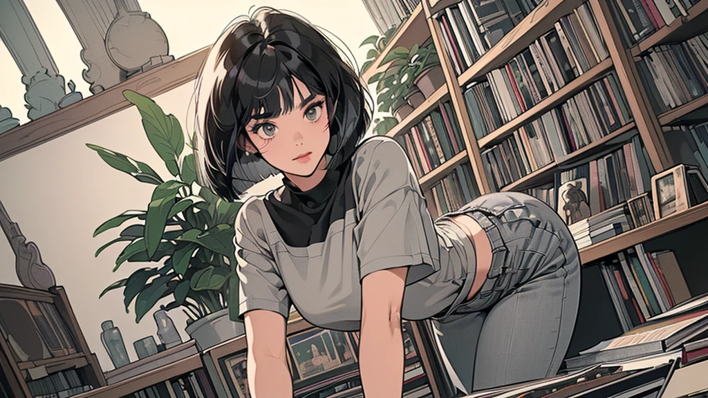 Ultimate quality, masterpiece, Unity 8k Wallpaper, Depth of Field, Super detailed,High resolution, (((A very detailed beautiful woman, Perfect face,Black Hair, bob cut,Bangs, Gray eyes, Top of crop, Short sleeve, Wide hips)))), (((Record store))), Nostalgia, panoramic, long shot, (((records on bookshelf.))), (((Various angles))),(((plant))), (((Overhead shot))),