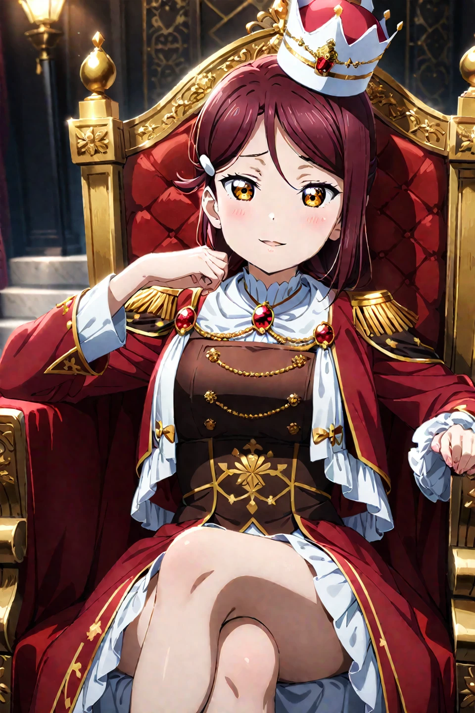 1girl, sakurauchi riko, \(love live\), queen hat, noble coat, red coat, noble shirt, sitting, crossed legs, gentle smile, parted lips, throne, cinematic angle, ((medium quality)), 