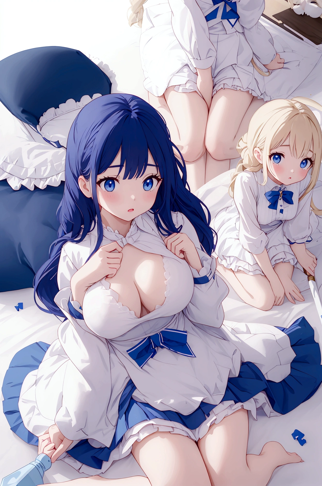 Plain white with emphasis on breastsＴshirt、Ultramarine and white striped mini skirt、When you lift up her skirt you can see her cute white frilly underwear.、barefoot、Three girls of different heights Magical girl with a magic wand、M-shaped legs on the futon