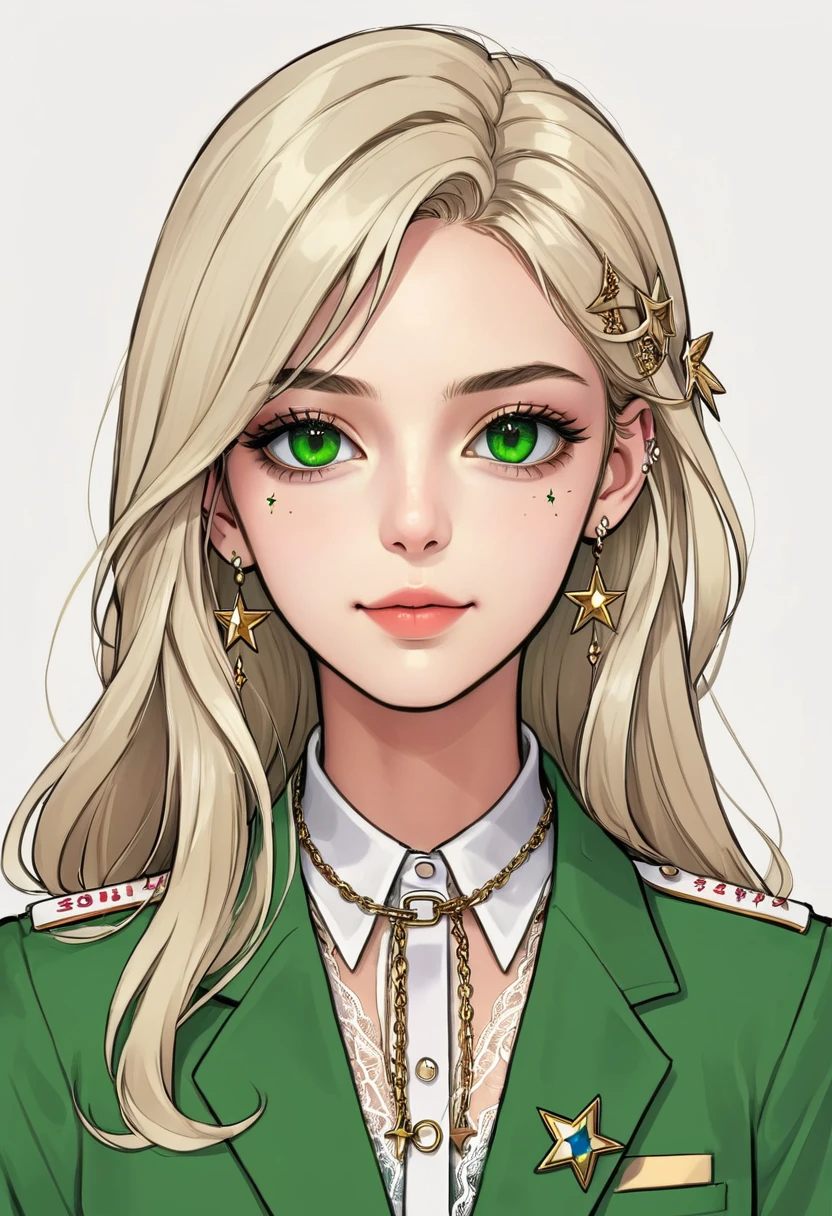 (Digital Illustration，Detailed anime style girl portrait，Solitary，symmetry)，(Big colorful eyes，Fashionable and exquisite facial features，Exquisite makeup，Sweet smile，Star symbol mark on cheek，Soulful gaze，)，(Straight long hair，Beautiful hairstyle，Hairpin)，(White high collar lace shirt，Green suit，Epaulettes-Chain，cool，)，Clean and simple white background，(((Correct human anatomy)))